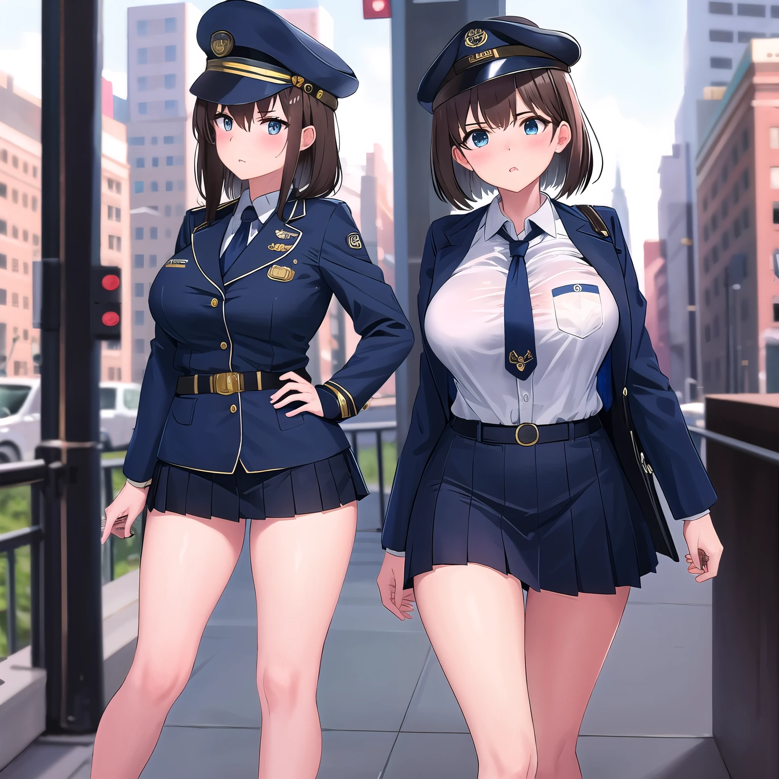 Beretta 92FS ,1 girl,Navy Blue American Police,navy blue mini skirt,Navy Blue Police Hat,serious face,brown hair,bob hair,New York City,Big Breasts,blush,,On Patrol,walk,diagonal,thin,transceiver,please open your mouth a little,have a pistol,Pistol,