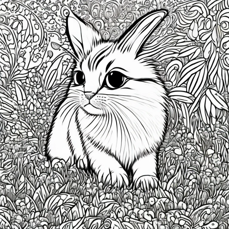 Generate an adorable, fluffy creature that would make a perfect coloring book character. This pet should have big, expressive eyes, a soft fur coat, and playful demeanor. It should look like a mix between a bunny and a kitten, with pastel colors and whimsical patterns on its fur. The background should be a simple, unobtrusive design to highlight the pet. The overall image should be charming and inviting, perfect for children to color in and bring to life with their imagination