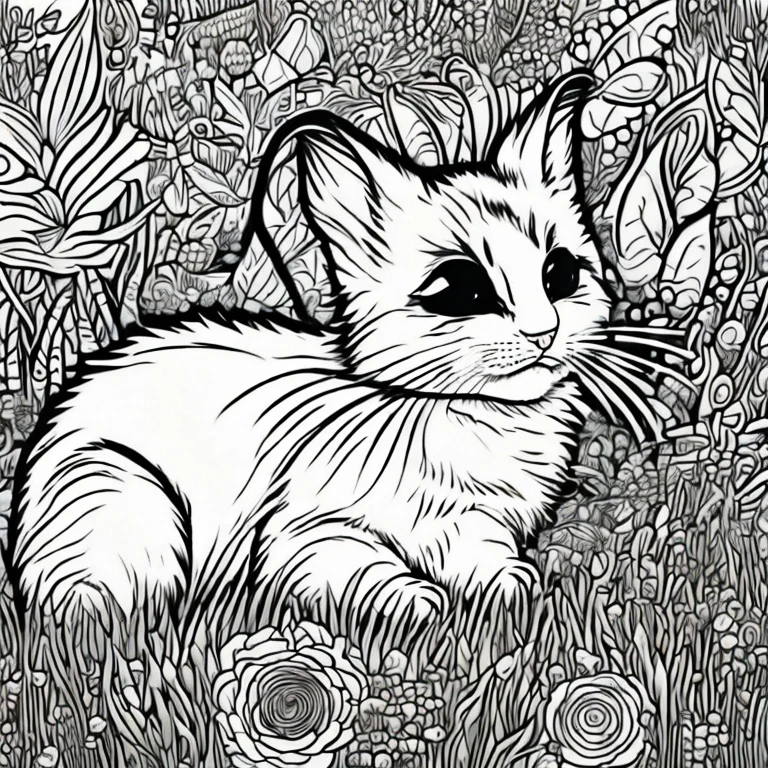 Generate an adorable, fluffy creature that would make a perfect coloring book character. This pet should have big, expressive eyes, a soft fur coat, and playful demeanor. It should look like a mix between a bunny and a kitten, with pastel colors and whimsical patterns on its fur. The background should be a simple, unobtrusive design to highlight the pet. The overall image should be charming and inviting, perfect for children to color in and bring to life with their imagination