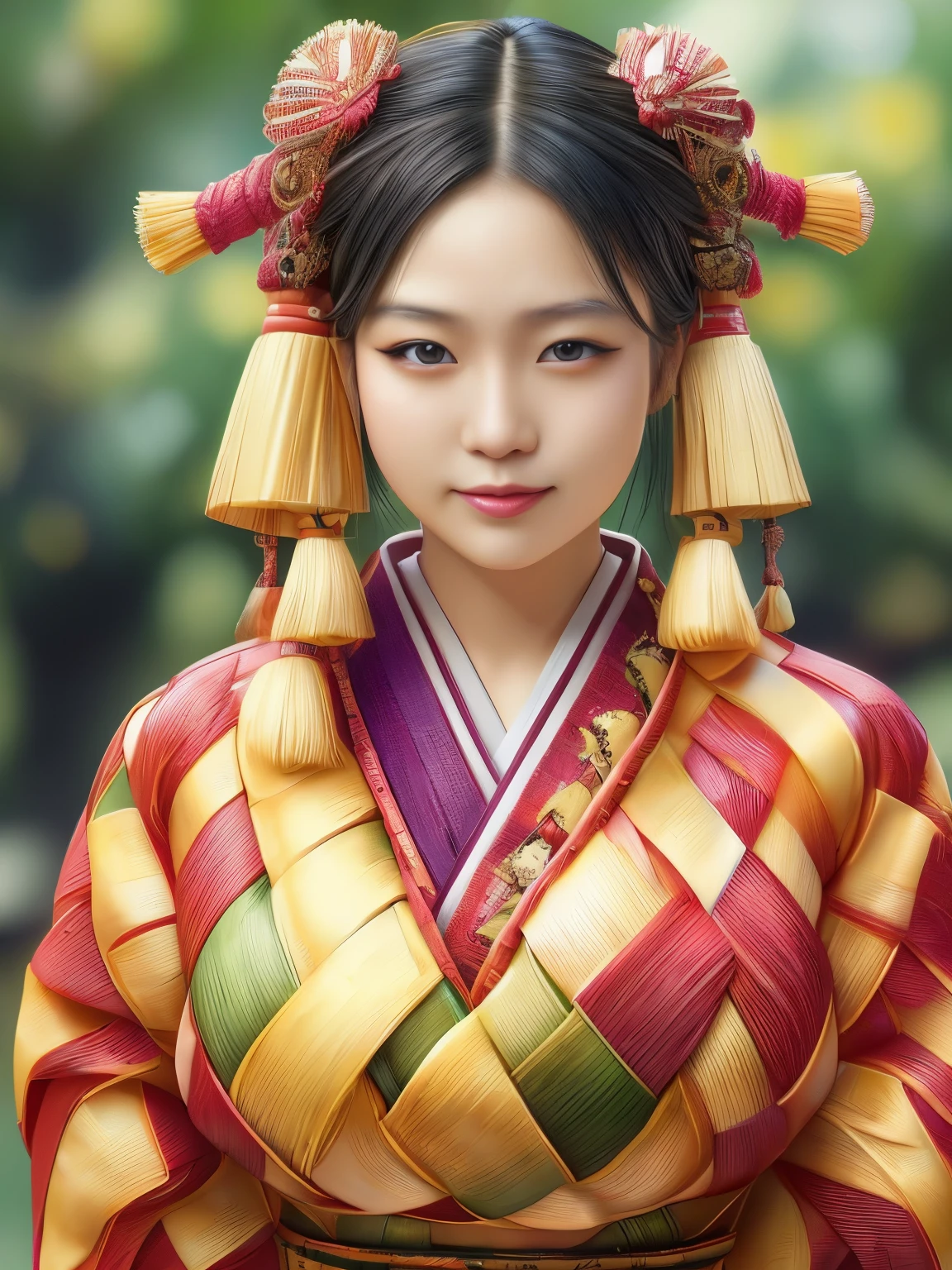 Hyper-realistic portrait of a Japanese girl celebrating Ketupat, wearing traditional attire, intricate and detailed design, close-up, shallow depth of field, soft lighting, high resolution, accurate representation, unique, creative, well-lit, clear details, Canon EOS R5, 100mm lens, f/1.8, elegant, sophisticated, well-composed, unique pose, warm color tones, cultural celebration