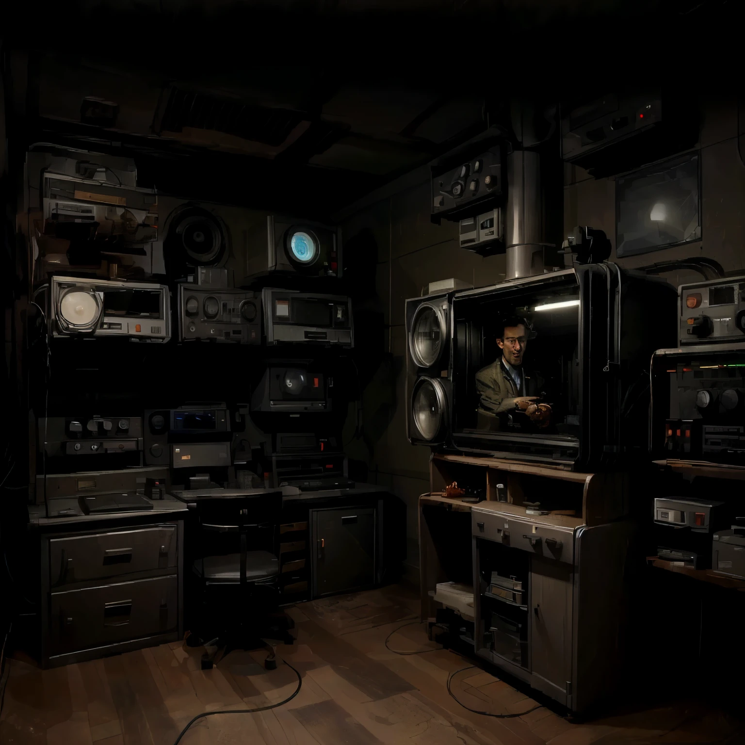 1950's dark control room with only screen and button lights(There is no light on the ceiling)