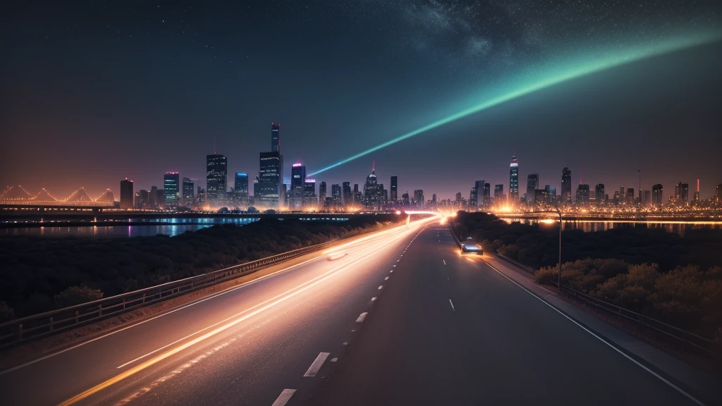 road (Neon lights in the big city) Driving in HDR 8k (Ultra-realistic) ,the sky is wide