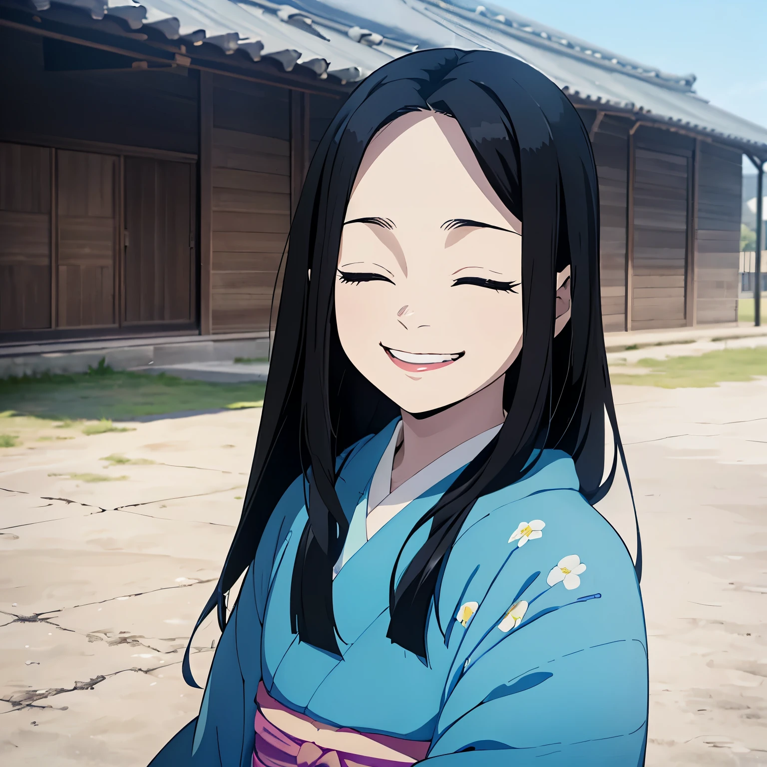 (1 girl with black long straight hair beautiful girl,  girl, young girl, smile, closed eyes blue kimono, face focus, happy, half-down hairstyle, outdoor, morning time