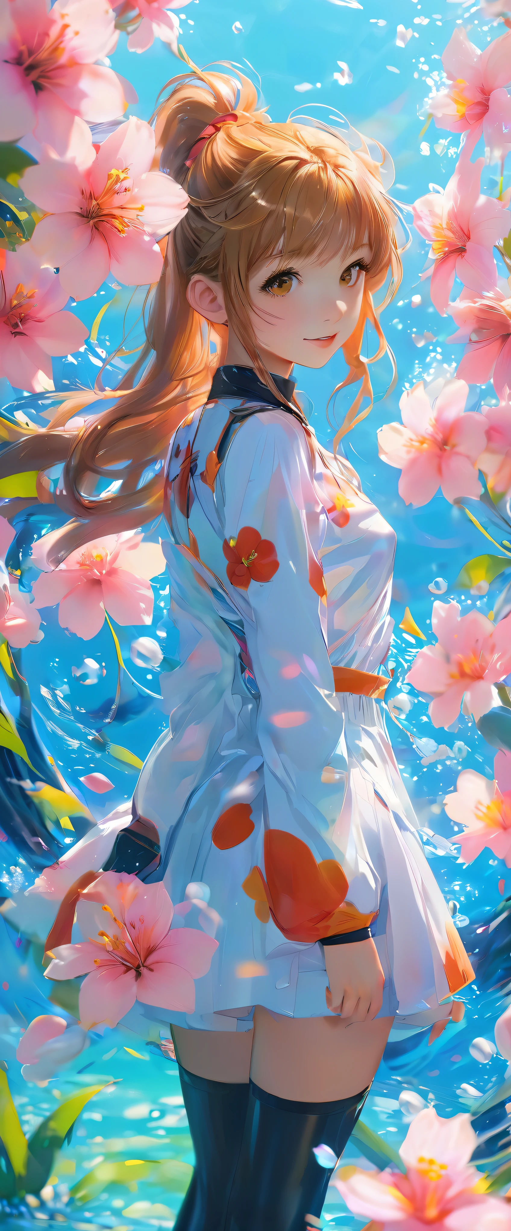masterpiece、highest quality、Evangelion、pilot、One Girl、Plug Suit、asuka langley、Hair swaying gently in the breeze、Brown eyes sparkling with vitality、Long flowing hair tied up with a hair tube、Small breasted person、Abstract background、Blue background reflecting calm water、Pink background full of blooming flowers、A yellow background that radiates warmth、A polka dot background adds a playful touch、 High-quality image of Asuka Langley piloting Evangelion Unit 01