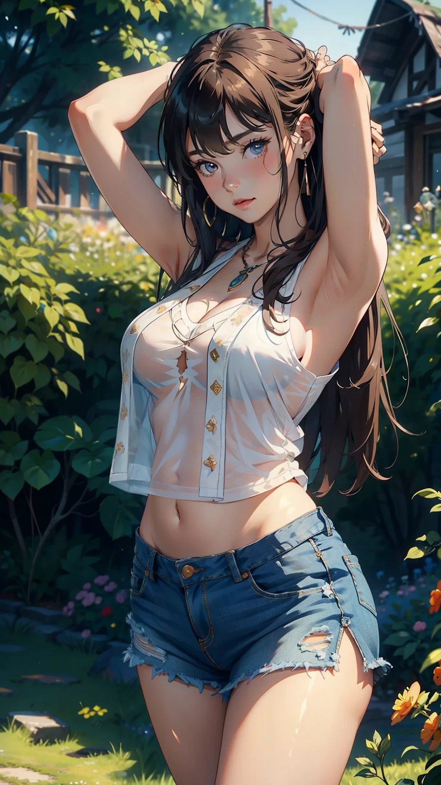 1 female，20 years old， Solitary，（Have background：garden, in midsummer） , Brown hair, Medium Length Hair, Straight Hair, Bangs, obesity, naked , naked nipples, belly button, （（（masterpiece），（Highly detailed CG Unity 8k wallpaper），best quality，Movie Lighting，Detailed background，（very elegant and beautiful），（Beautiful and delicate depiction of eyes），Ultra Detailed，masterpiece）），high resolution，Ultra Detailed）, （wear：Transparent vest, Short denim skirt, necklace, earrings）, Raise your hand, Put your hands behind your head