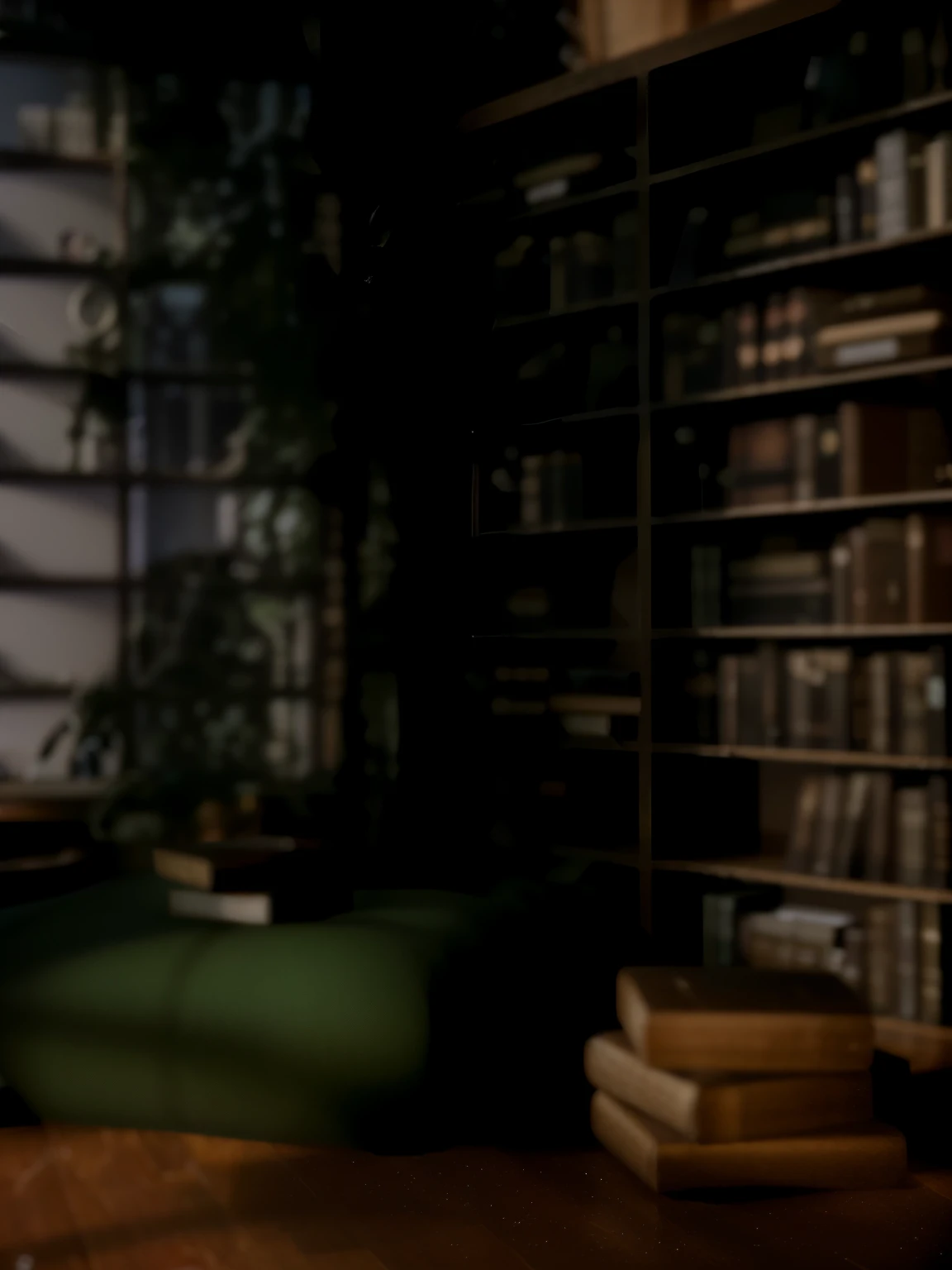 There is a cat sitting on a chair in the room, alchemist library background, library background, tilt shift library background, blurry background of the library, library interior background, gloomy library, dusty library, personal room background, magical library bokeh, in a gloomy library, some background blur, Realistic cinematic rendering, dark library, Detailed architectural visualization renderings, background = library