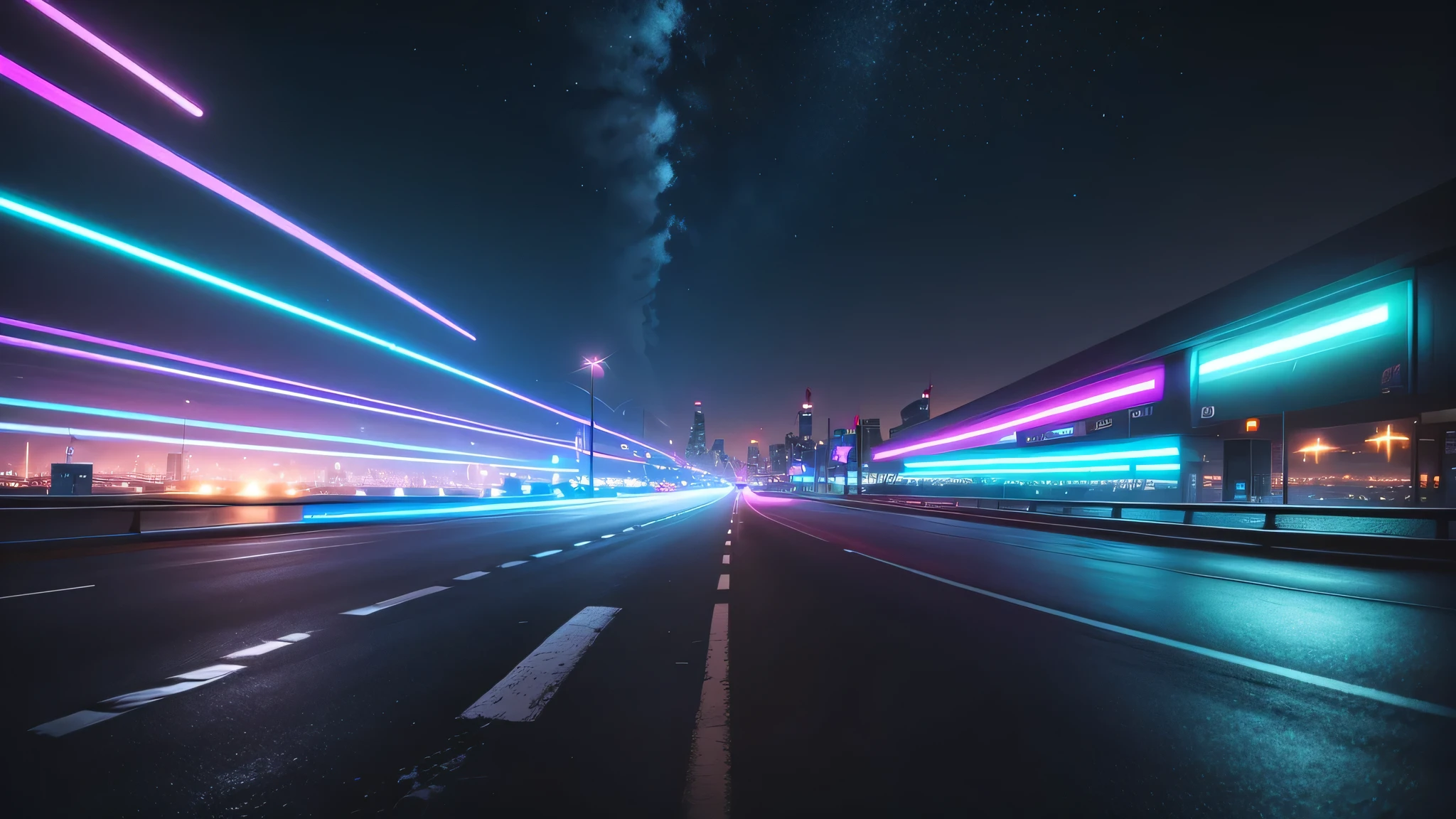 road (Neon lights in the big city) Driving in HDR 8k (Ultra-realistic)  ,the sky is wide