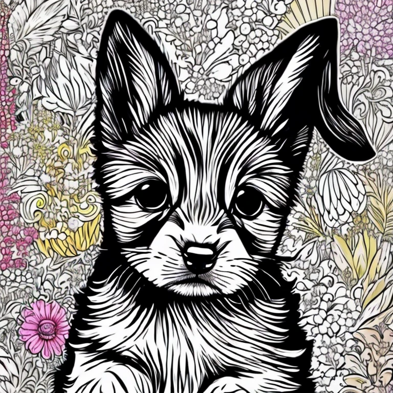 Generate an adorable, fluffy puppy that would make a perfect coloring book character. This pet should have big, expressive eyes, a soft fur coat, and playful demeanor. It should look like a mix between a bunny and a kitten, with pastel colors and whimsical patterns on its fur. The background should be a simple, unobtrusive design to highlight the pet. The overall image should be charming and inviting, perfect for children to color in and bring to life with their imagination