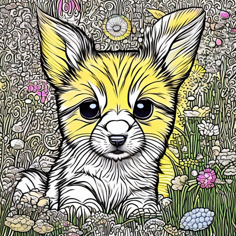 Generate an adorable, fluffy puppy that would make a perfect coloring book character. This pet should have big, expressive eyes, a soft fur coat, and playful demeanor. It should look like a mix between a bunny and a kitten, with pastel colors and whimsical patterns on its fur. The background should be a simple, unobtrusive design to highlight the pet. The overall image should be charming and inviting, perfect for children to color in and bring to life with their imagination