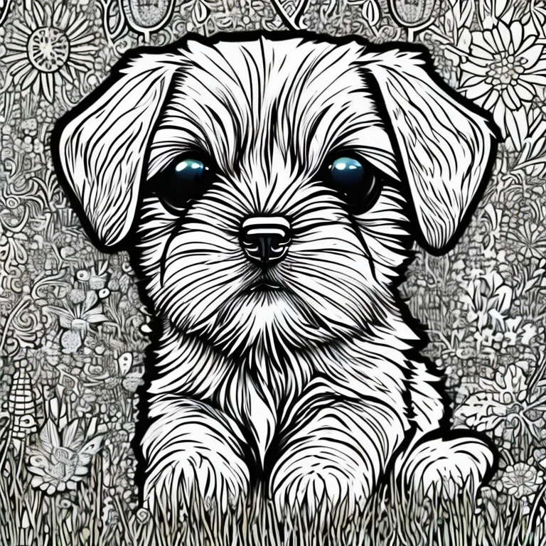 Generate an adorable, fluffy puppy that would make a perfect coloring book character. This pet should have big, expressive eyes, a soft fur coat, and playful demeanor. It should look like a mix between a bunny and a kitten, with pastel colors and whimsical patterns on its fur. The background should be a simple, unobtrusive design to highlight the pet. The overall image should be charming and inviting, perfect for children to color in and bring to life with their imagination