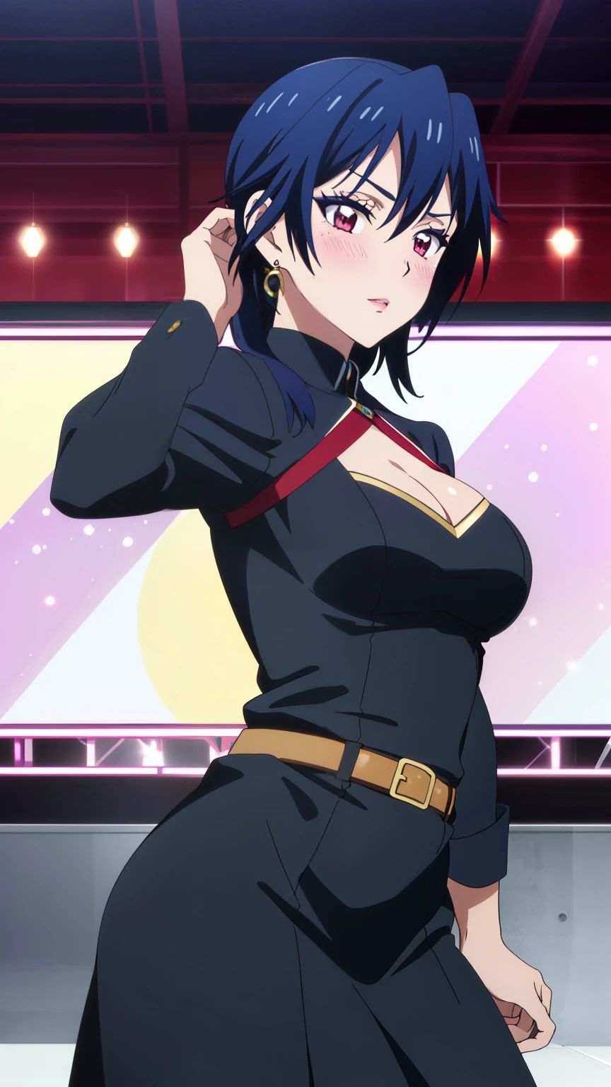 (Top Quality, 8K, Hi-Res, Masterpiece: 1.2), Super Detail, Anime Art Style, Anime Coloring Book, Solo, 1 Girl, Seishiro Tsuzuru, Dress, Makeup, Natural Lips, Blush, Earrings, Medium Big Breasts, Solo, Stylish Cowboy shot with pose, stylish angle, and staring at the audience in the center of the screen.