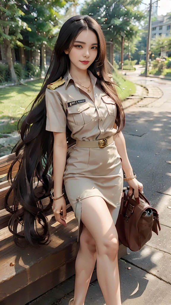 Khaki suit, khaki civil servant, Thai teacher uniform:1.3, Beautiful girl with extra long hair, Two meter long hair, Long hair that catches the eye, long black hair, Her hair is very long., Long, shiny hair, Long, thick, soft hair, Extra long hair, Dynamic posts, like full body, Short sleeve shirtสีกากี, short pencil skirtสีกากี, side cut, Decorated with military insignia., black high heels, The sexiest, small waist, hips raised, small thighs, Long legs, Women's fingers are slender and beautiful., Huge breasts, Huge breasts:1.5, big breast, Very big breasts, Eye-catching breasts, A gigantic rift, Not completely covered, big breast, Huge breast, Big tits D, สาวTwo meter long hair, Beautiful face, red lips, Very shiny, แต่งBeautiful face, Military rank insignia, short pencil skirt, tight, ultra short skirt, very short skirt, Wear a miniskirt., Short sleeve shirt, tight fitting, in the background, blurred garden., seductive gesture, Women's condition, Hermes 2002-26 Bag, Gold Necklace, นาฬิกา Apple Watch, stand, walk, กำลังwalkลงจากบันได,