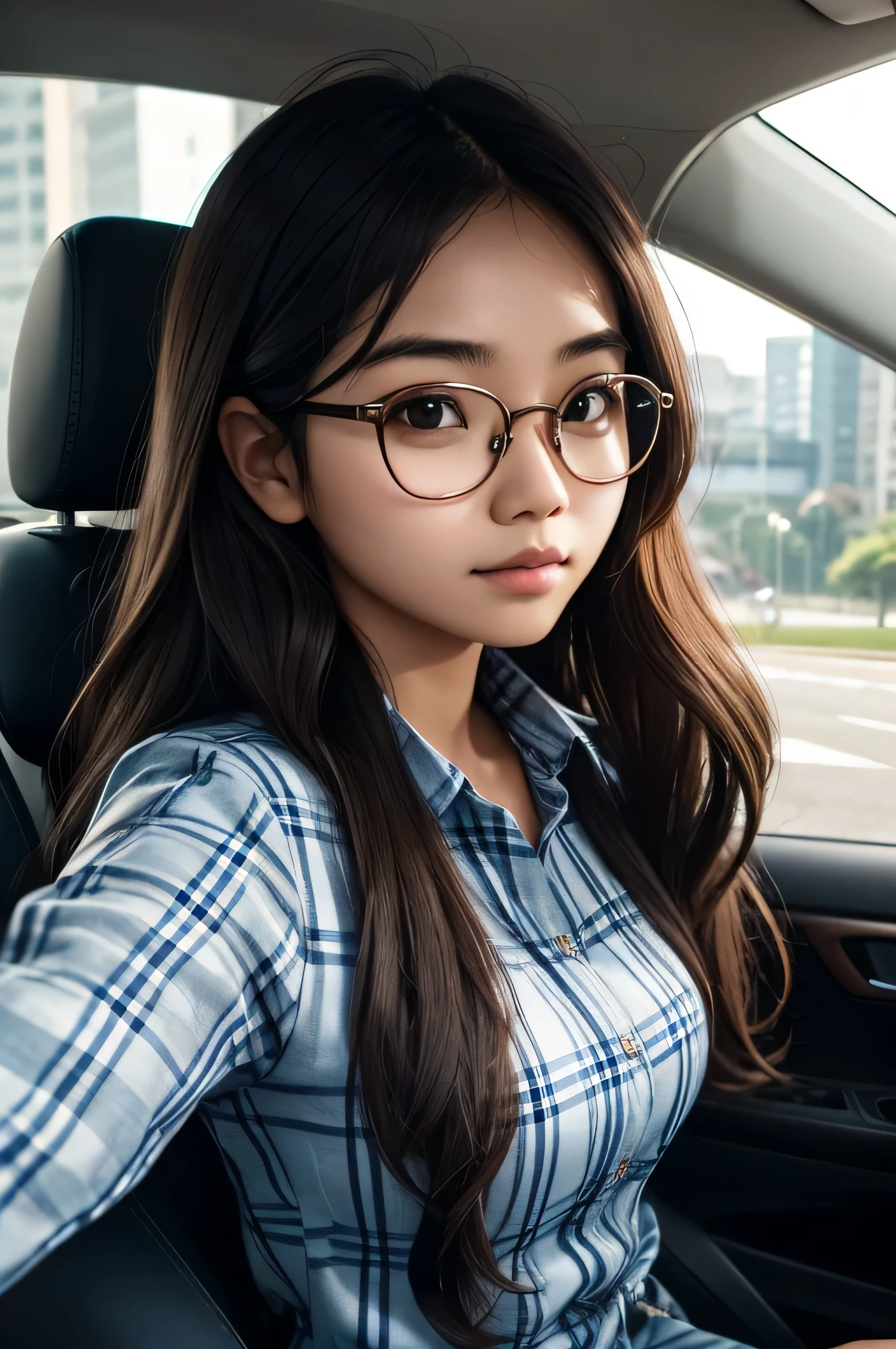 Detailed face of half body photo. 25 year old Indonesian girl with a sweet  face,  big  round face and long brown wavy hair, round glasses, wearing a checkered blue flannel shirt  while driving



