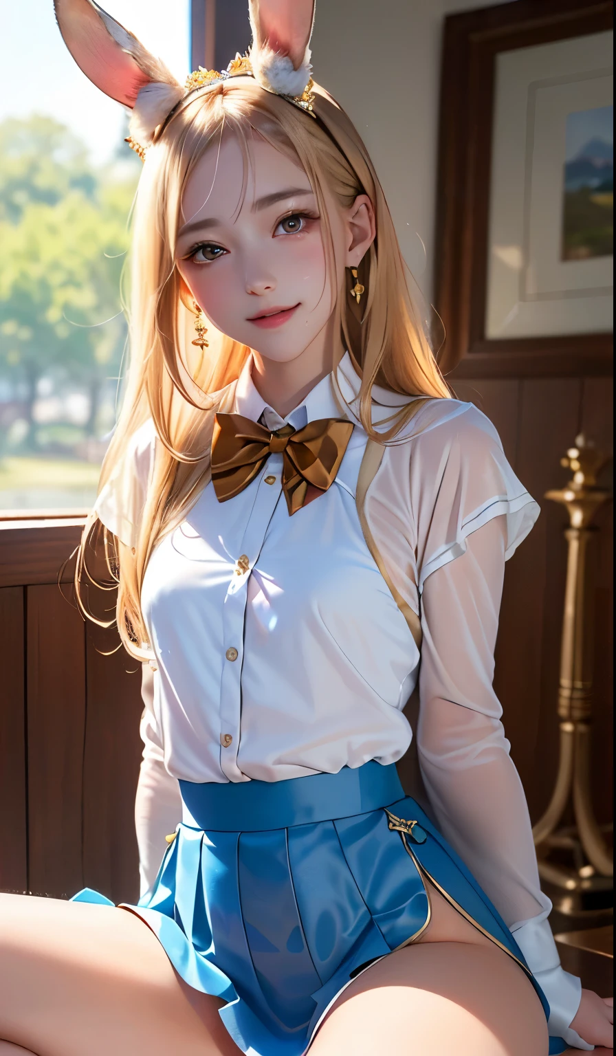 masterpiece, best quality, Extremely detailed CG unified 8k wallpaper, (Close-up of the upper body head of a beautiful girl), , #1: Elegant Straight Long Blonde Hair, (Mckenna Grace), (flat chest,thigh), (Brown blue) Golden (Shiny ballet skirt,Long rabbit ear headdress, , bow tie, No panties, genitals visible), (Open your legs), (blush), Oily skin, (seductive smile), (wonderland), Pretty Face, critical art, The award-winning, intricate details realism hdr, go through (Nguyen Gia、artgerm and range murata), photorealism, Surreal主义, Surreal, Dramatic lighting, strong shadow, beautiful scenery, Depth of Field