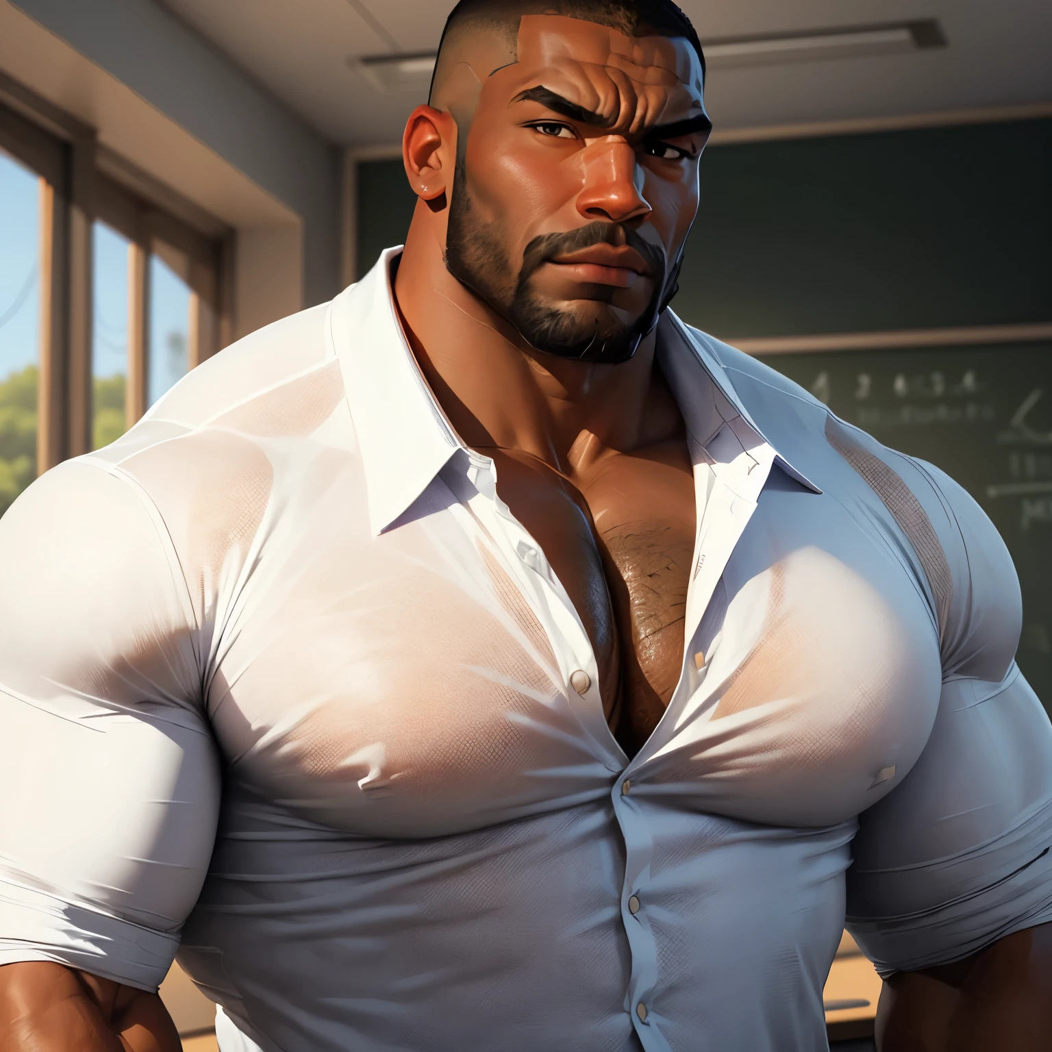 an exaggeratedly muscular and large bodyguard, beefy build, beard, dark-skinned african american male, buzzcut hair with square line, (suspicious expression: 1.2), (wearing white business casual shirt: 1.2), (torn shirt: 1.1), barely buttoned, school logo on shirt, (bara pecs: 1.3), (arm and chest hair: 1.1), close-up portrait HD, (cowboy angle), (classroom)
