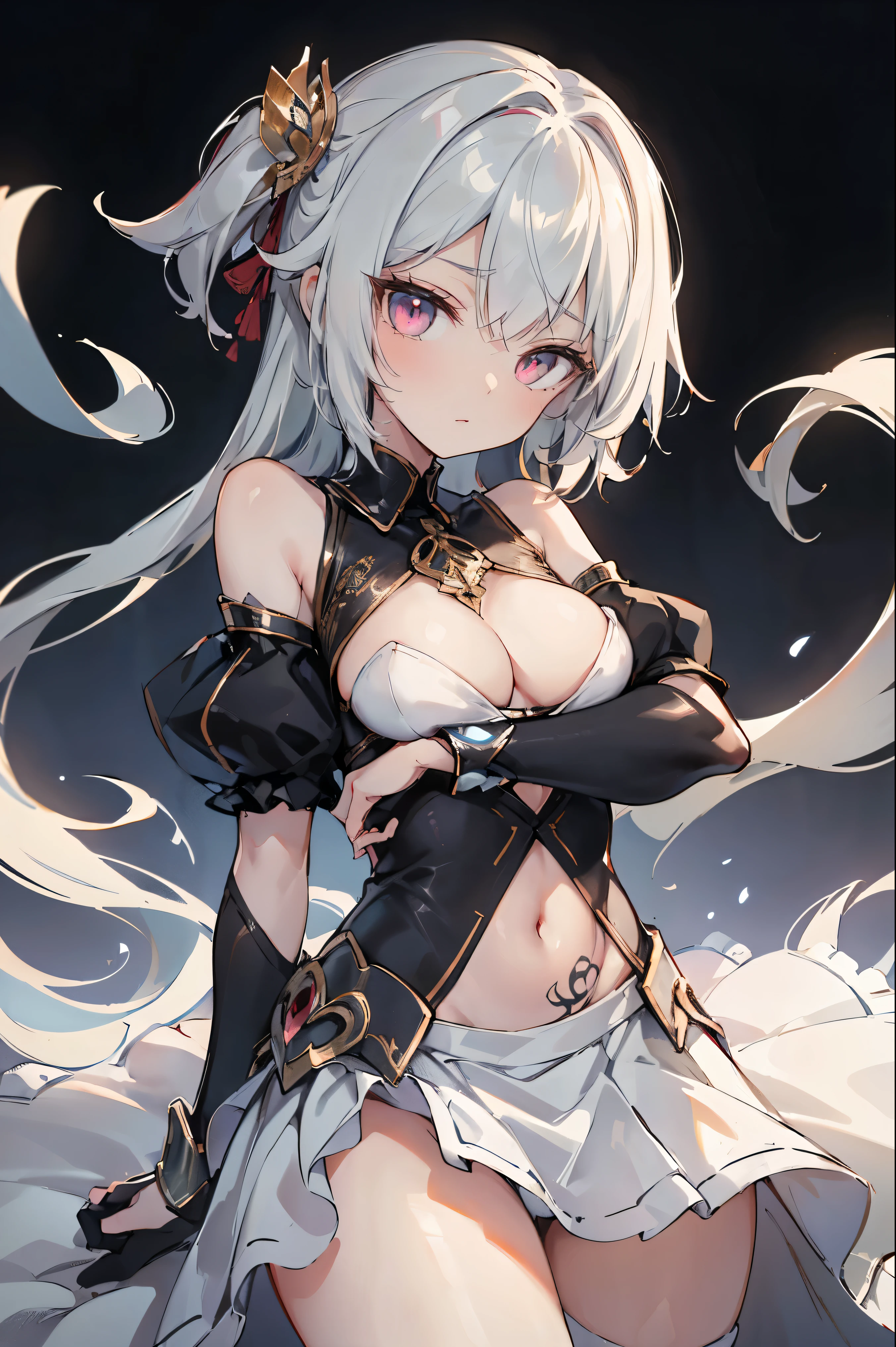 1girl, anime, cute girl, blank background, white background, fantasy, detailed fantasy dress with highlights, beautiful face, beautiful eyes, dark colors, black hair with multicolor streaks, red eye with different color pupil in eye, multicolor eye, medium small breasts (slightly big), slight cleavage, beautiful skin, cute, breast curtains, extremely delicate and beautiful, (beautiful detailed face:1.0), (detailed deep eyes), symmetrical breasts, deep eyes, shiny skin, portrait, slender waist, hips wider than shoulders, thighs, expressionless, young girl, luminous eyes, adorable，（Kpop idol）,（aegyo sal：1），（Platinum blonde hair：1），（（puffy eye）），Black panty，sexy posture，Superskirt, Ultra-high resolution，Black collar，slim figure, Abdominal y tattoo, womb tattoo，Tight-fitting leg ring，y tattoo on half-body，Bare skin, Armored hand，Hidden fingertips，Hand covered，Arm covered，Fist covered,{{beautiful detailed fingers}}, tufts of hair, moderate beautiful breast:1.0,(masterpiece:1.2), best quality, high-res, HDR, perfect face, intricate armor, delicate blue filigree, intricate filigree, red metalic parts, detailed part, dynamic pose, dynamic lights, cute face, neutral expression