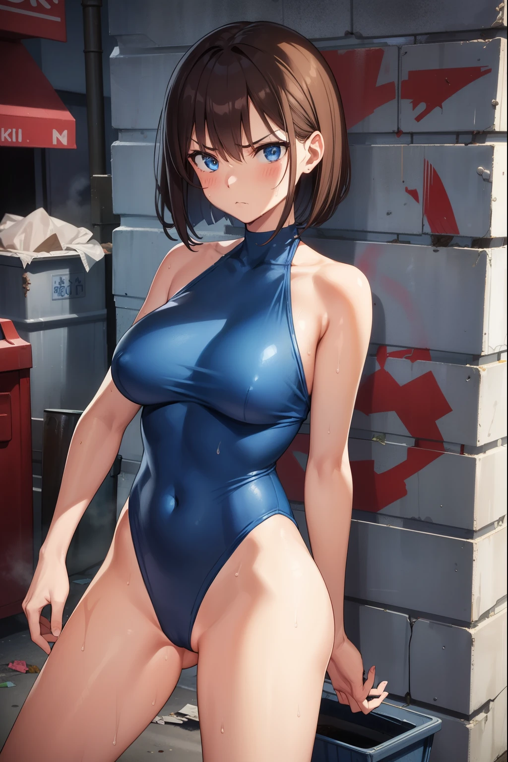 1 girl,Blue leotard,Super High Leg Cut,blue eyes,serious face,brown hair,bob hair,New York City,Big Breasts,blush,Sweat,barefoot,bare hands,thin,walk,Embarrassing,alley,wall graffiti,Scattered garbage,dark,Garbage can,cardboard,Cowboy Shot,dark,Asian Squat,return view,Butt,return