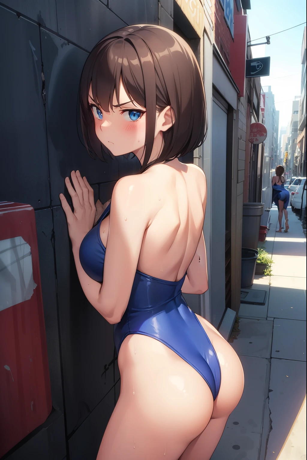1 girl,Blue leotard,Super High Leg Cut,blue eyes,serious face,brown hair,bob hair,New York City,Big Breasts,blush,Sweat,barefoot,bare hands,thin,walk,Embarrassing,alley,wall graffiti,Scattered garbage,dark,Garbage can,cardboard,Cowboy Shot,dark,Asian Squat,return view,Butt,return