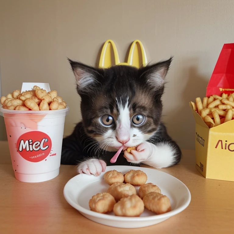 a little kitten eating nuggets at mcdonalds