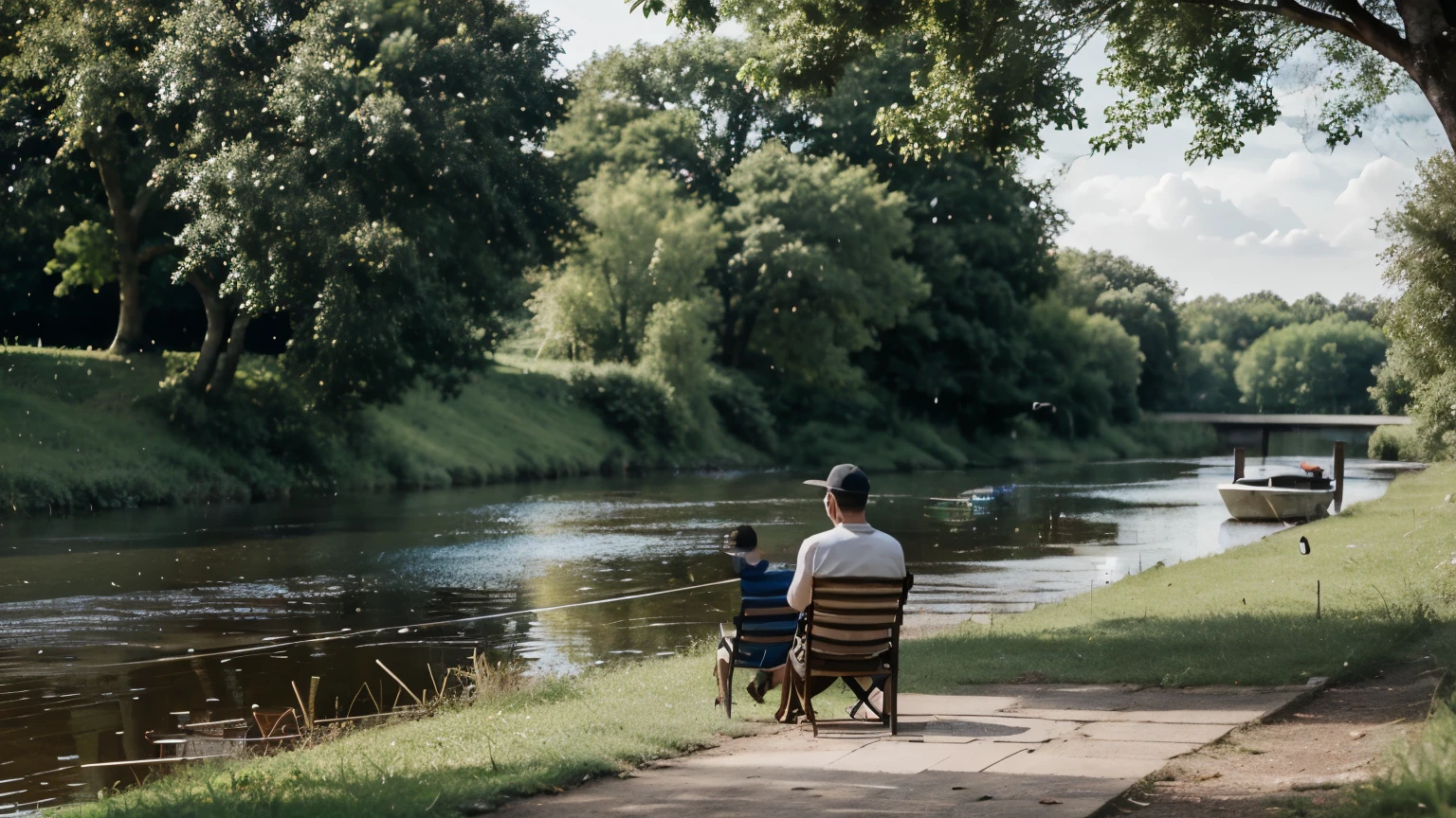 Father and son sitting on chairs fishing on the grass by the river，Dad tightened the fishing line and raised the fishing rod to catch a lively carp，Two chairs，There is no one on the chair