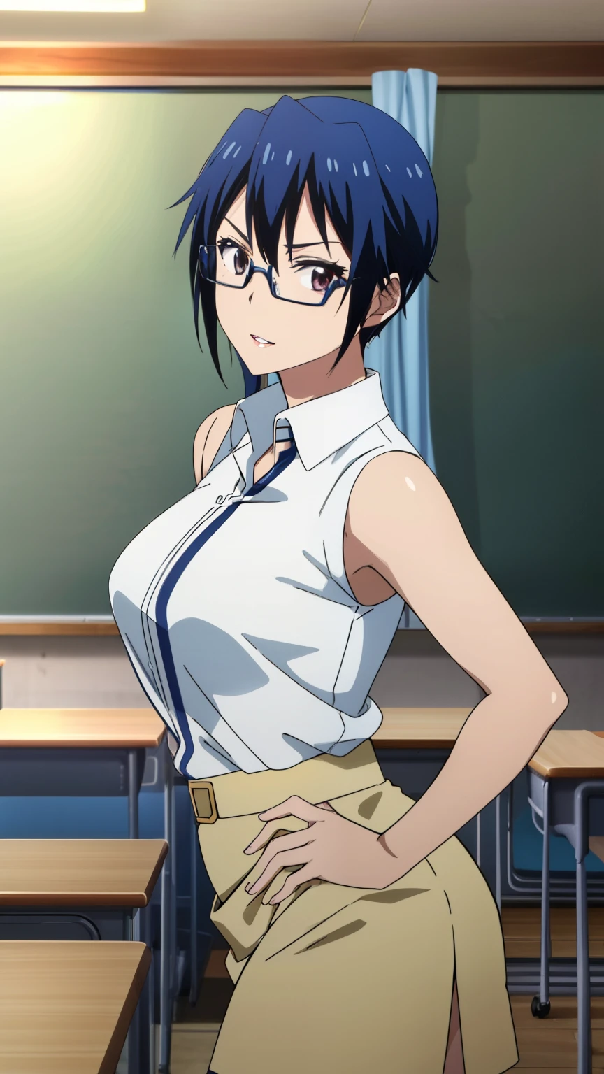 (Top Quality, 8K, Hi-Res, Masterpiece: 1.2), Super Detail, Anime Art Style, Anime Coloring Book, Solo, 1 Girl, Seishiro Tsgumi, White Shirt, Both Shoulders Exposed, Tight Skirt, Glasses, Natural Lips, Classroom , medium big breasts, solo, stylish pose, stylish angle, staring at the audience from the center of the screen, cowboy shot