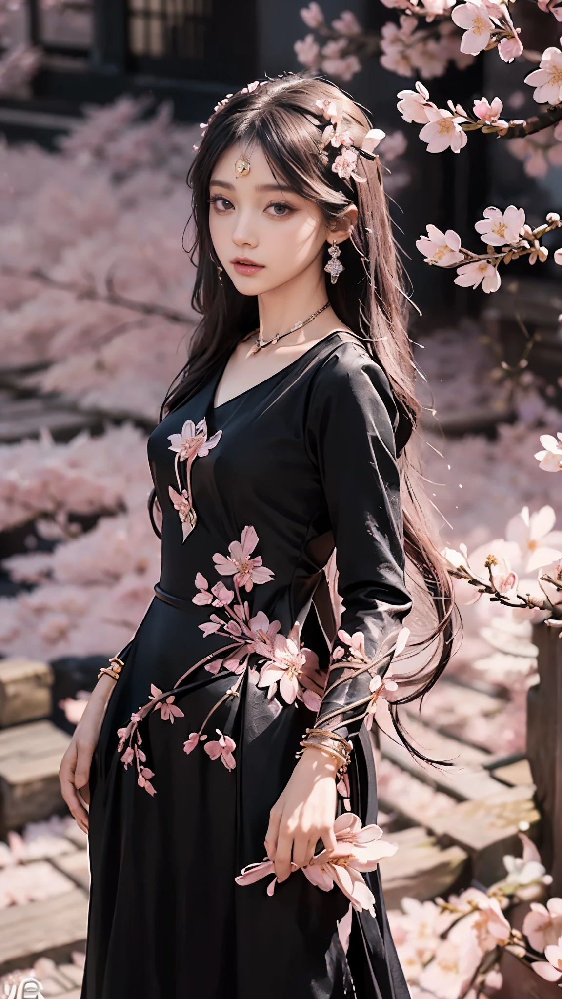 4K, Ultra HD, Masterpiece, 1 girl, (good face:1.4), detailed eyes, very long hair, princess dress, (black dress:1.5), (wearing jwellery:1.8), (cherry blossom:1.5), (bloom effect:1.5), Detailed Fantasy Art, Stunning Character Art, beautiful Exquisite Character Art, Beautiful, Extremely Detailed, Exquisite Intricate Headdress and Jewellery, (perfect body front),