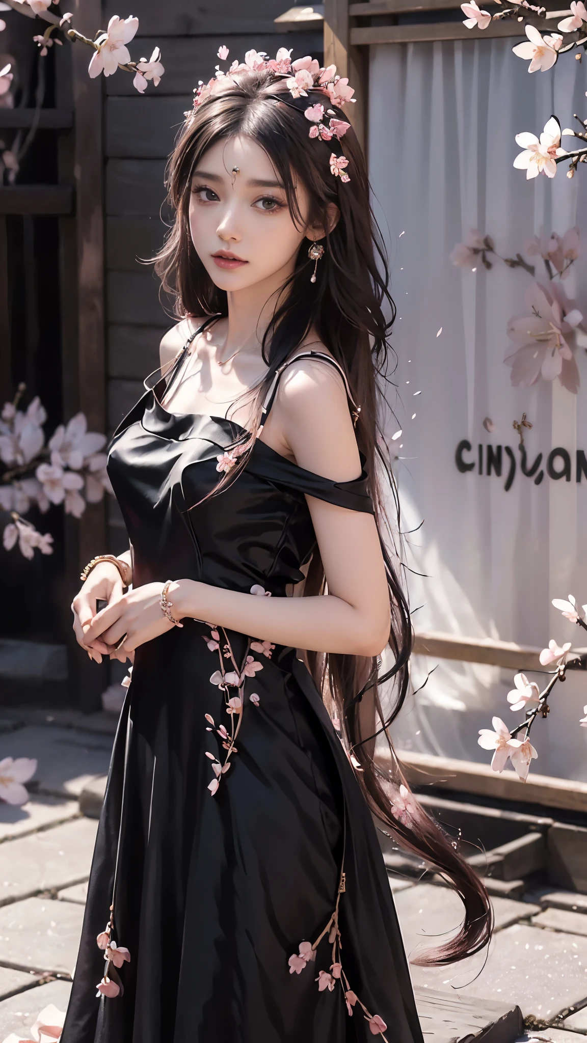 4K, Ultra HD, Masterpiece, 1 girl, (good face:1.4), detailed eyes, very long hair, princess dress, (black dress:1.5), (wearing jwellery:1.8), (cherry blossom:1.5), (bloom effect:1.5), Detailed Fantasy Art, Stunning Character Art, beautiful Exquisite Character Art, Beautiful, Extremely Detailed, Exquisite Intricate Headdress and Jewellery, perfect body,