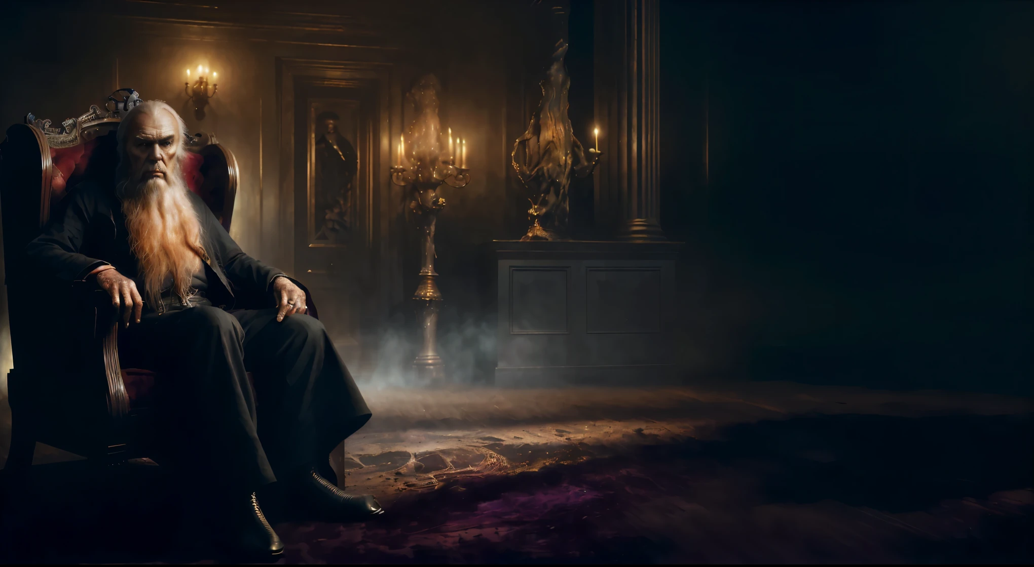 An extremely old, charismatic man (looking at camera), funny facial features (long thin face - amorphous), with a huge beard sitting in the corner of a room in a haunted mansion full of cobwebs. Scary horror movie scene. Intricate details. Ultrarealistic, sf, intricate artwork masterpiece, ominous, matte painting movie poster, golden ratio, trending on cgsociety, intricate, epic, trending on artstation, by artgerm, h. r. giger and beksinski, highly detailed, vibrant, production cinematic character render, ultra high quality model, sf, intricate artwork masterpiece, ominous, matte painting movie poster, golden ratio, trending on cgsociety, intricate, epic, trending on artstation, by artgerm, h. r. giger and beksinski, highly detailed, vibrant, production cinematic character render, ultra high quality model