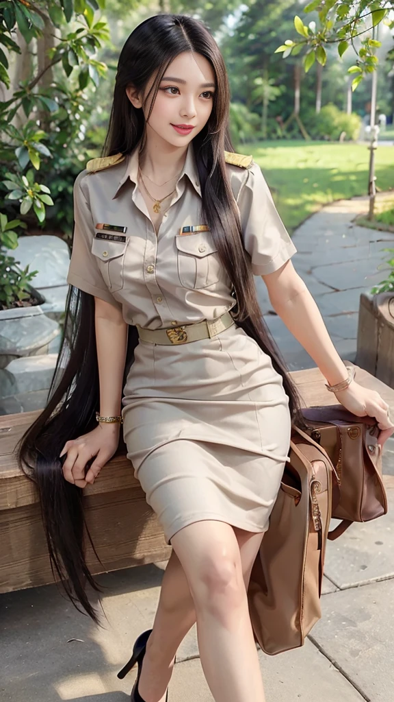 Khaki suit, khaki civil servant, Thai teacher uniform:1.3, Beautiful girl with extra long hair, Two meter long hair, Long hair that catches the eye, long black hair, Her hair is very long., Long, shiny hair, Long, thick, soft hair, Extra long hair, Dynamic posts, like full body, Short sleeve shirtสีกากี, short pencil skirtสีกากี, side cut, Decorated with military insignia., black high heels, The sexiest, small waist, hips raised, small thighs, Long legs, Women's fingers are slender and beautiful., Huge breasts, Huge breasts:1.5, big breast, Very big breasts, Eye-catching breasts, A gigantic rift, Not completely covered, big breast, Huge breast, Big tits D, สาวTwo meter long hair, Beautiful face, red lips, Very shiny, แต่งBeautiful face, Military rank insignia, short pencil skirt, tight, ultra short skirt, very short skirt, Wear a miniskirt., Short sleeve shirt, tight fitting, in the background, blurred garden., seductive gesture, Women's condition, Hermes 2002-26 Bag, Gold Necklace, นาฬิกา Apple Watch, stand, walk, กำลังwalkลงจากบันได,