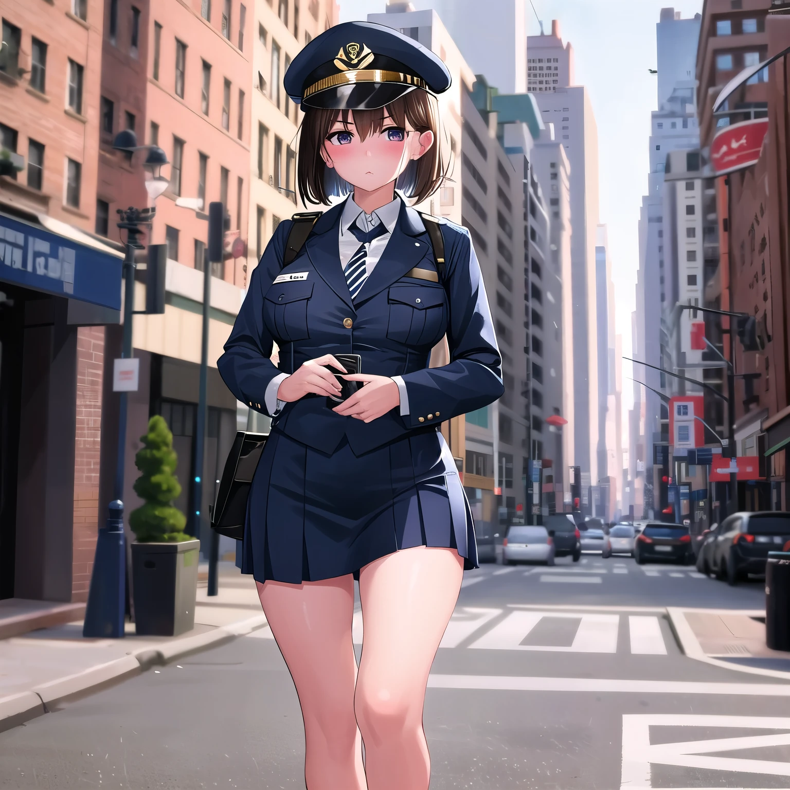  ,1 girl,Navy Blue American Police,navy blue mini skirt,Navy Blue Police Hat,serious face,brown hair,bob hair,New York City,Big Breasts,blush,,On Patrol,walk,diagonal,thin,transceiver,please open your mouth a little,have a pistol,Pistol,