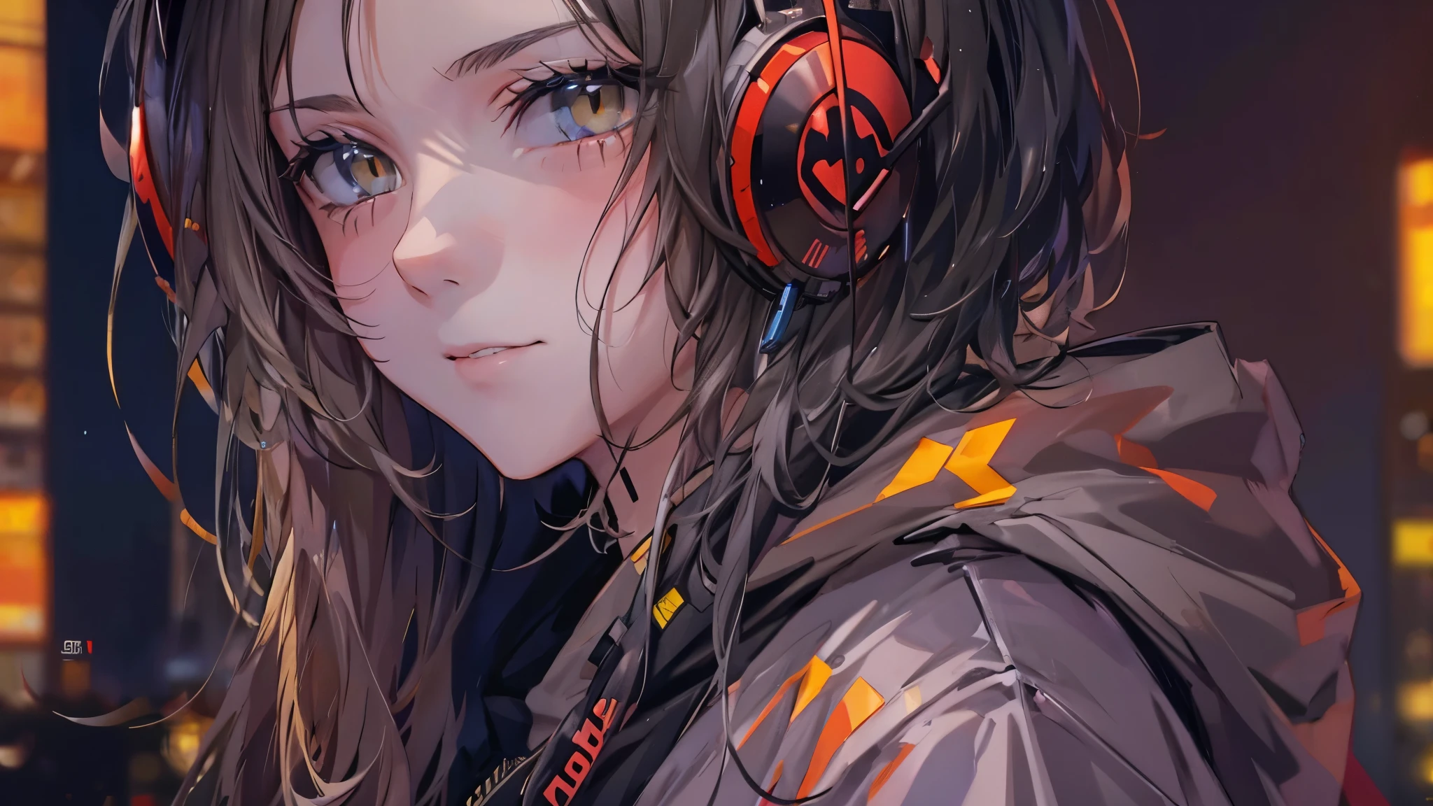 golden eyes、cyberpunk city、medium long hair、Wearing cool headphones,{{{{{{{{ Black oversized hoodie }}}}}}}},beautiful and delicate golden eyes,thought,black clothes,Close-up face
