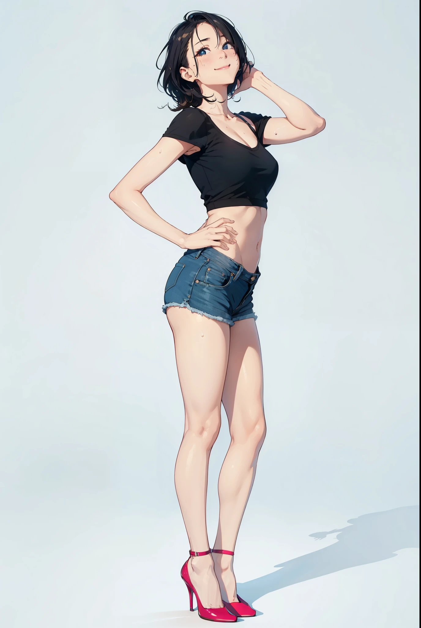 girl, sweat, steam, medium breast, shy, detailed hand, looking at viewer, light smile,
