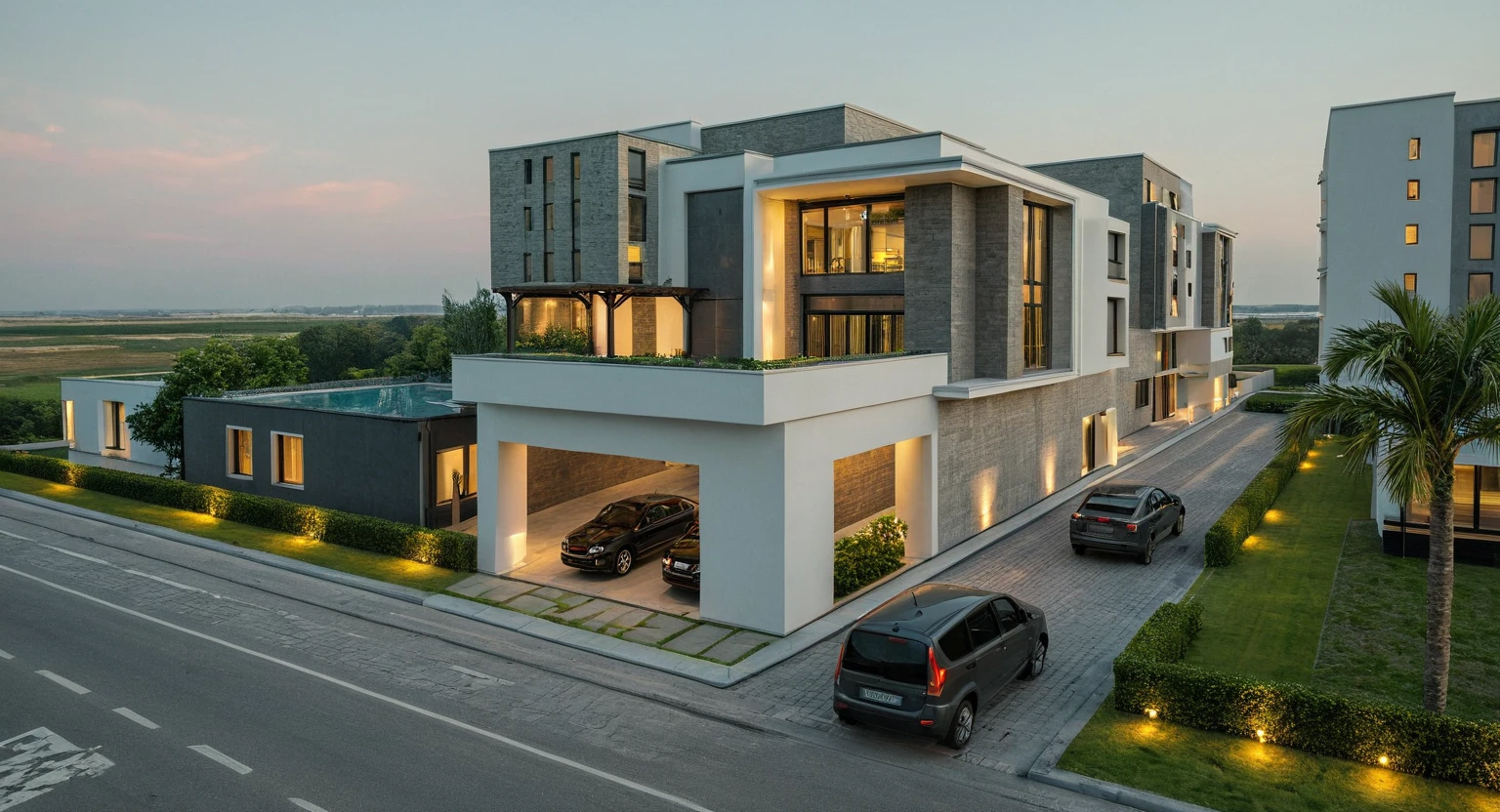 a close up of a house with a lot of windows and plants, a 3D render inspired by Max Buri, tumblr, modernism, inter dimensional villa, contemporary house, concept house, high quality rendering, exterior design, 3 d rendering, architectural visualization, ultra modern, 3/4 view, 3 / 4 view, 3/4 view from below, 3d rendering, Neoclassicism, Futurism, film grain, depth of field, high details, high quality, best quality, 8k, masterpiece