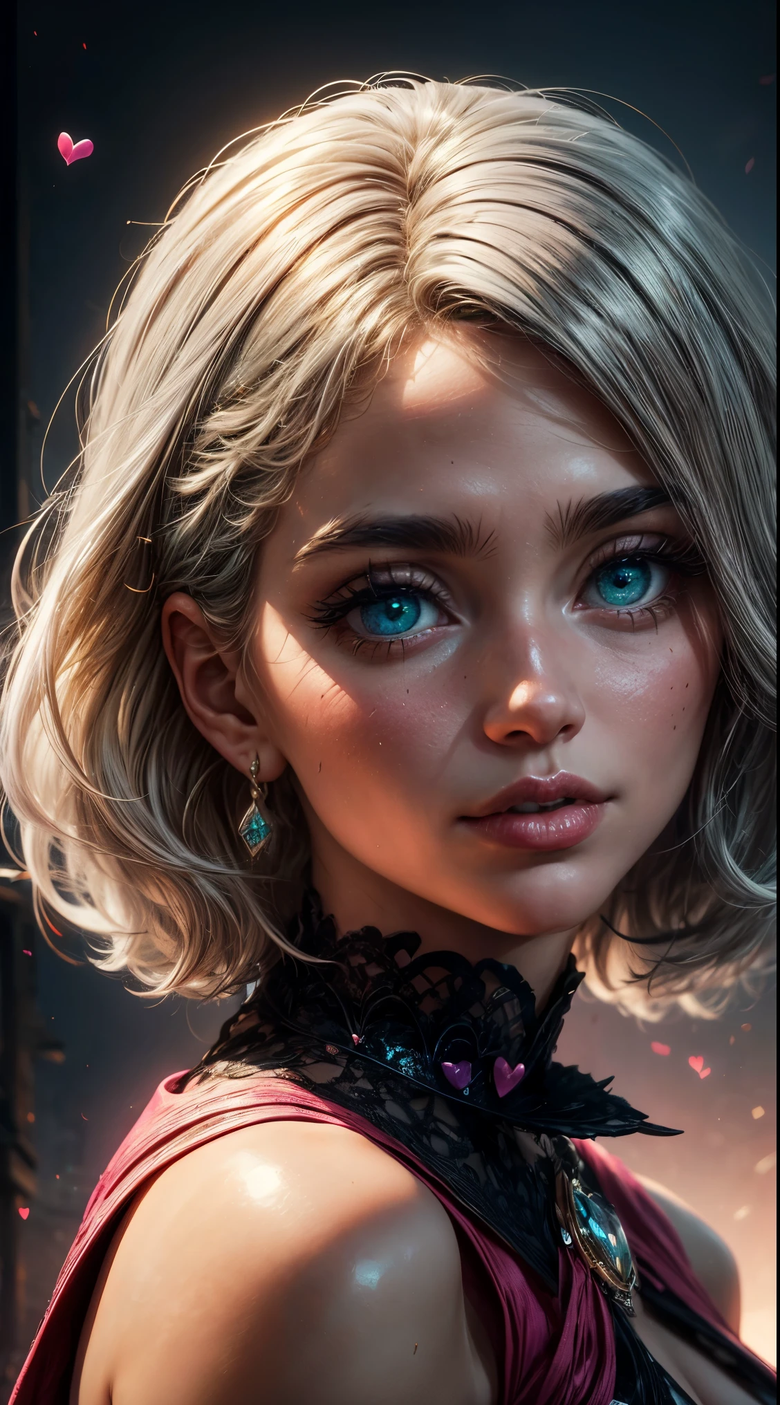 primer plano, de, un, cara sonriente、primer plano, de, un, cara sonriente、designer、Model、constituir、labios brillantes、ojos brillantes、(realista、High Definition)、Tia se muestra con una figura bastante esbelta..  He has grayish-white hair, She has short hair and big pale green eyeejor calidad), (Mesa), dream、muy detallado airbrush art((Surreal))、volumetric lighting、(of the highest quality)、El muy detallado、  muy detallado color details、(bright lighting)、Dynamic conpositions、Seguimiento de rayos、El espejo refleja la luz、poca profundidad de campo、muy detallado、Exposure Mix、con.nffsw、Sus ojos brillan de color verde oscuro、3D shiny pink heart on background、3D pink heart shining in the background、3D shiny pink heart on background、, escote expuesto, pechos medianos, Calidad superior, muchos detalles, Puri Focus Sharp and realistic