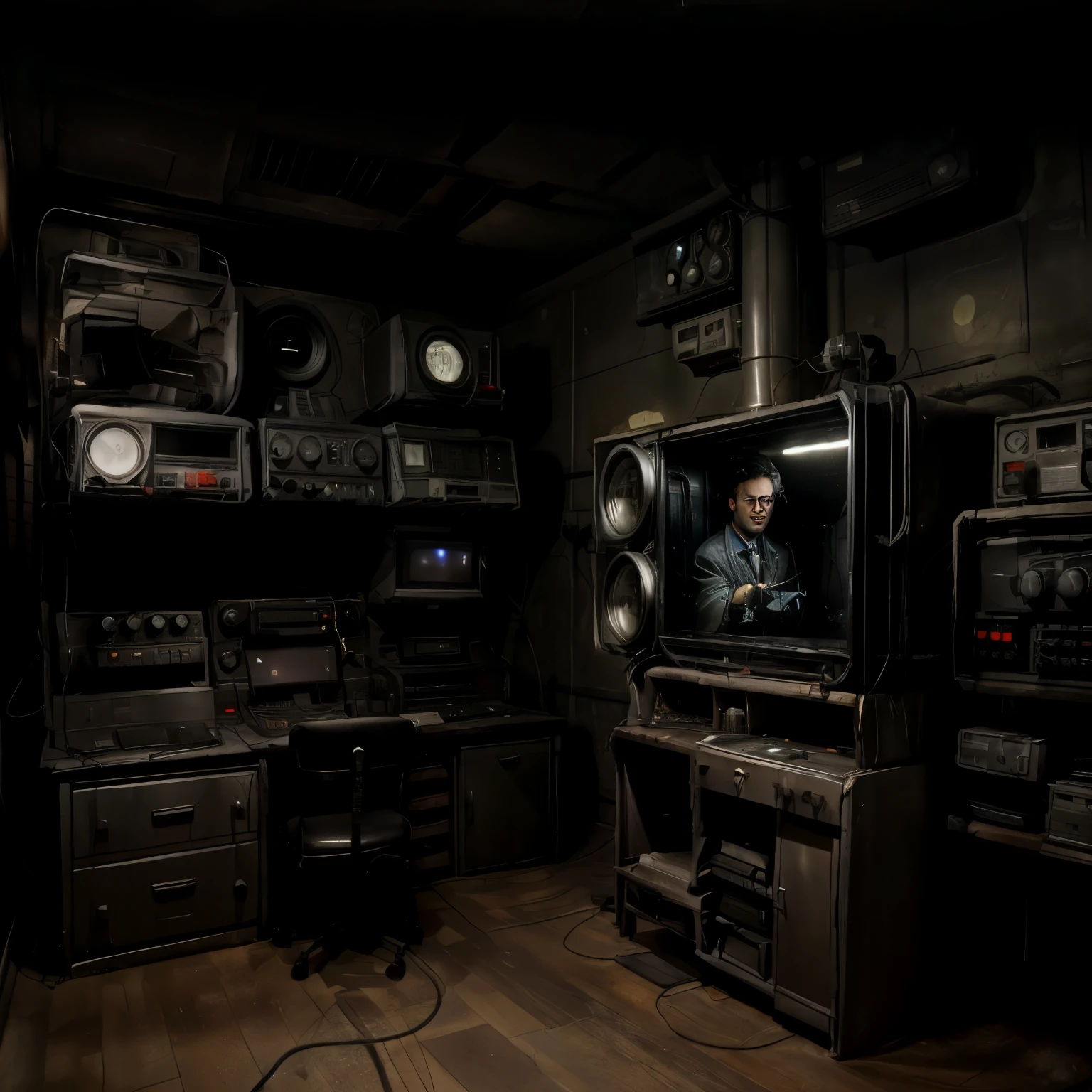 1950's dark control room with only screen and button lights(There is no light on the ceiling)