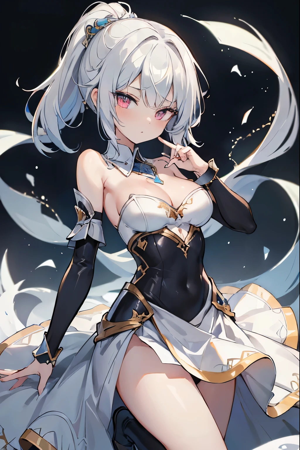 1girl, anime, cute girl, blank background, white background, fantasy, detailed fantasy dress with highlights, beautiful face, beautiful eyes, dark colors, black hair with multicolor streaks, red eye with different color pupil in eye, multicolor eye, medium small breasts (slightly big), slight cleavage, beautiful skin, cute, breast curtains, extremely delicate and beautiful, (beautiful detailed face:1.0), (detailed deep eyes), symmetrical breasts, deep eyes, shiny skin, portrait, slender waist, hips wider than shoulders, thighs, expressionless, young girl, luminous eyes, adorable,(Kpop idol),(aegyo sal:1),(Platinum blonde hair:1),((puffy eye)),Black panty,sexy posture,Superskirt, Ultra-high resolution,Black collar,slim figure, Abdominal y tattoo, womb tattoo,Tight-fitting leg ring,y tattoo on half-body,Bare skin, Armored hand,Hidden fingertips,Hand covered,Arm covered,Fist covered,{{beautiful detailed fingers}}, tufts of hair, moderate beautiful breast:1.0,(masterpiece:1.2), best quality, high-res, HDR, perfect face, intricate armor, delicate blue filigree, intricate filigree, red metalic parts, detailed part, dynamic pose, dynamic lights, cute face, neutral expression