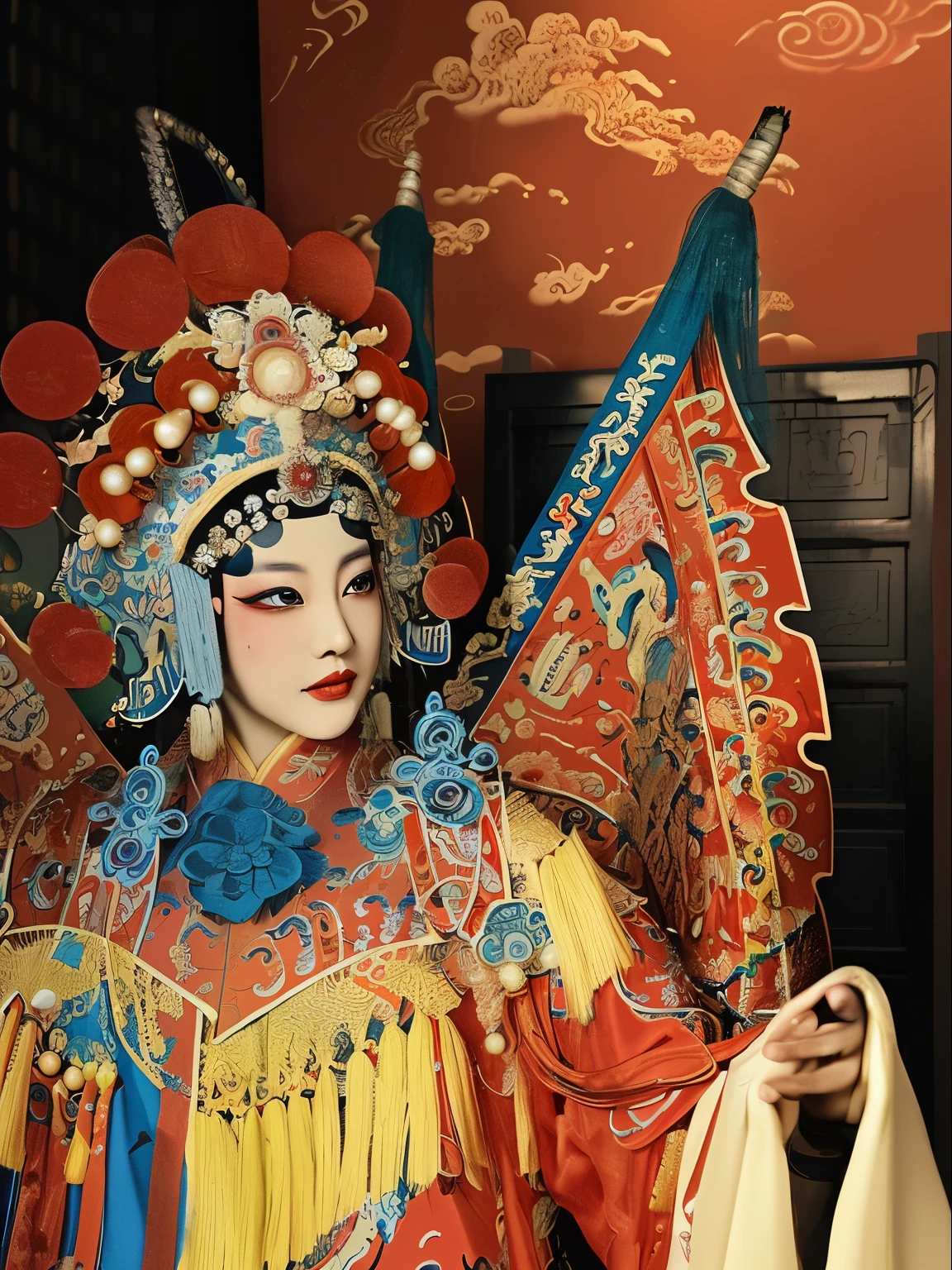 Chinese opera beauty，Wearing Peking Opera makeup，Exaggerated and gorgeous，Wearing Peking Opera headdress，Chinese traditional style，The national tide is ancient，Exquisite details，Rich Chinese style，Peking Opera dress-up，Opera dress-up，Cartoon hand drawn flat style，graphic design