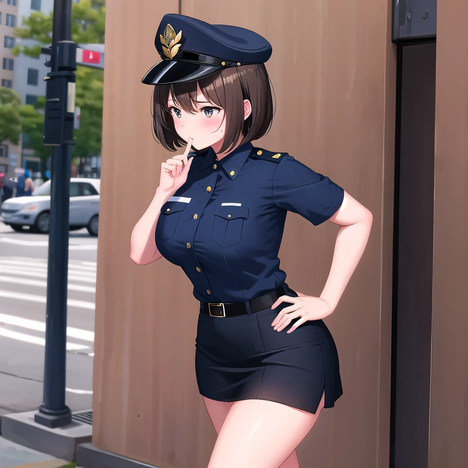,1 girl,Navy Blue American Police,navy blue mini skirt,Navy Blue Police Hat,serious face,brown hair,bob hair,New York City,Big Breasts,blush,,On Patrol,walk,diagonal,thin,transceiver,