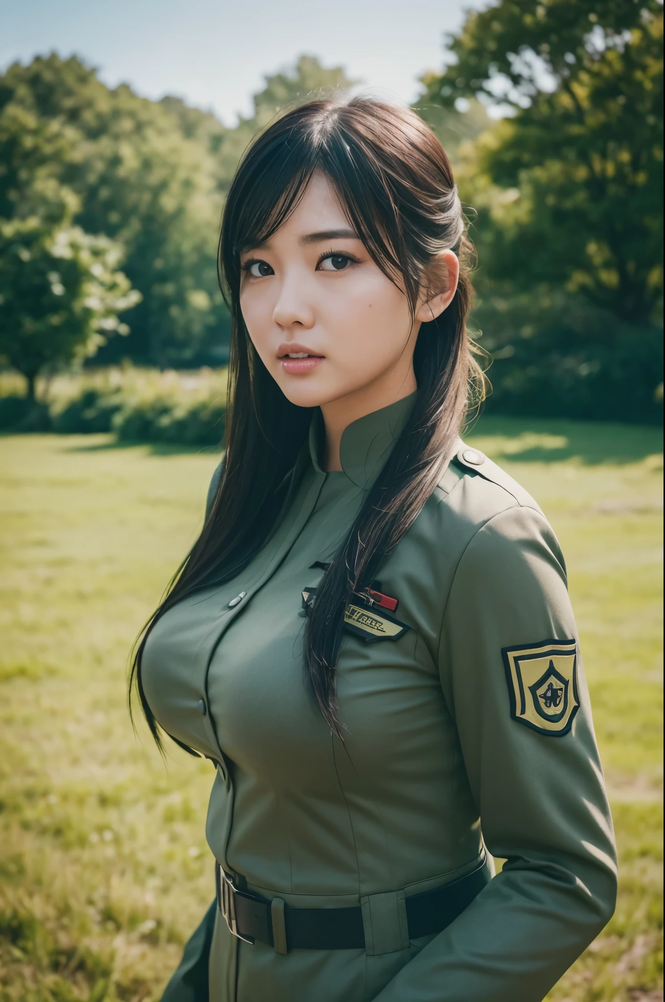 Beautiful busty Asian woman，Slightly fat，Wearing《call of Duty》style,Field uniforms， Half Body，photo, 使用佳能 EOS R5 DSLR 相机拍摄的photo, Movie Lighting, 超真實photo, Intricate details, Her face is very delicate