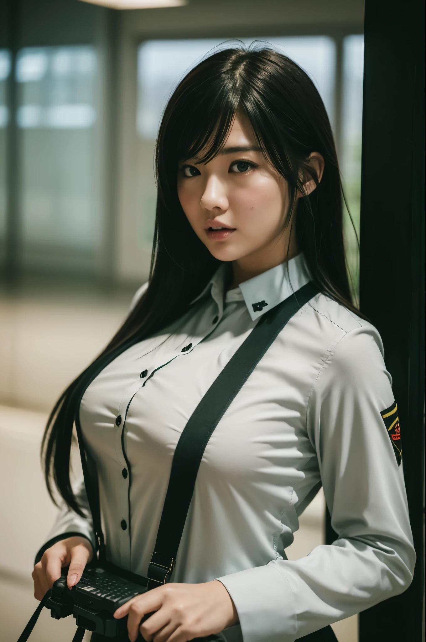 Beautiful busty Asian woman，Slightly fat，Wearing《call of Duty》style,Field uniforms， Half Body，photo, 使用佳能 EOS R5 DSLR 相机拍摄的photo, Movie Lighting, 超真實photo, Intricate details, Her face is very delicate