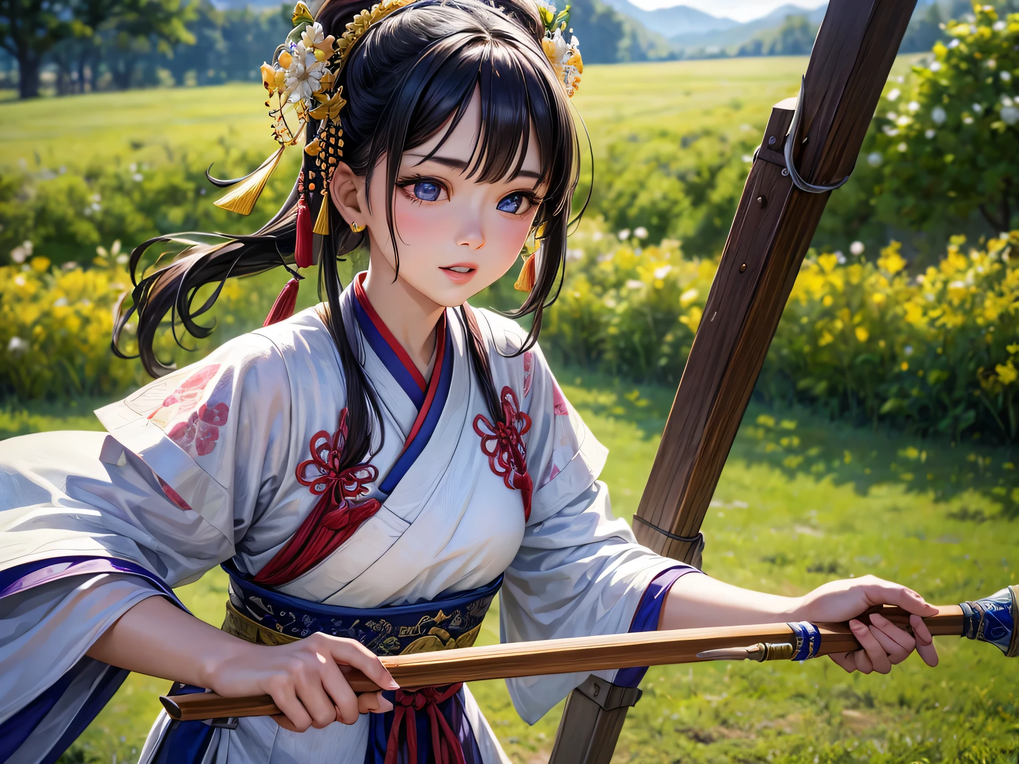 (best quality,4k,high resolution:1.2), ultra-detailed, (realistic,photorealistic,photo-realistic:1.37), traditional Hanfu, outdoor, a girl holding a hammer, vibrant green grass, beautiful and detailed eyes, astonishing lips, intricately detailed facial features, shimmering pearl guzheng, long shot, upper body shot, professional lighting, vivid colors, ultra-fine painting.