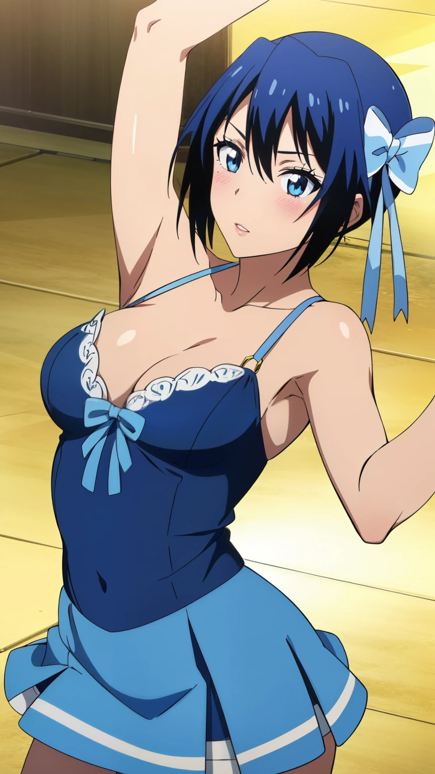 (Top Quality, 8K, High Resolution, Masterpiece: 1.2), Super Detailed, Anime Art Style, Anime Coloring Book, Solo, Girl, Beautiful Detailed Eyes, Beautiful Detailed Lips, Lingerie, cheerleader, dancing, blushing, hair ribbon, Medium Breasts, Solo , stylish pose, stylish angle, staring at the audience in the center of the frame, cowboy shot