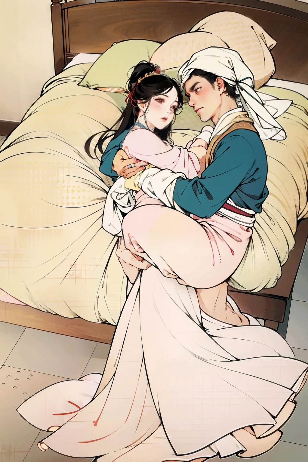 ((Highest quality)), ((masterpiece)), (detailed), (Perfect Face)、The woman is Maya Cordelia, an Empress of ancient China, with orange, semi-long hair. She is wearing a luxurious Hanfu costume fit for an ancient Chinese Empress, her hair styled in an ancient Chinese fashion and adorned with elaborate hair ornaments.、On a lavish bed in the bedroom of an ancient Chinese palace, a woman embraces and kisses the ancient Chinese emperor, engaging in procreative sex.、The man is a dignified, bearded old man, an ancient Chinese emperor