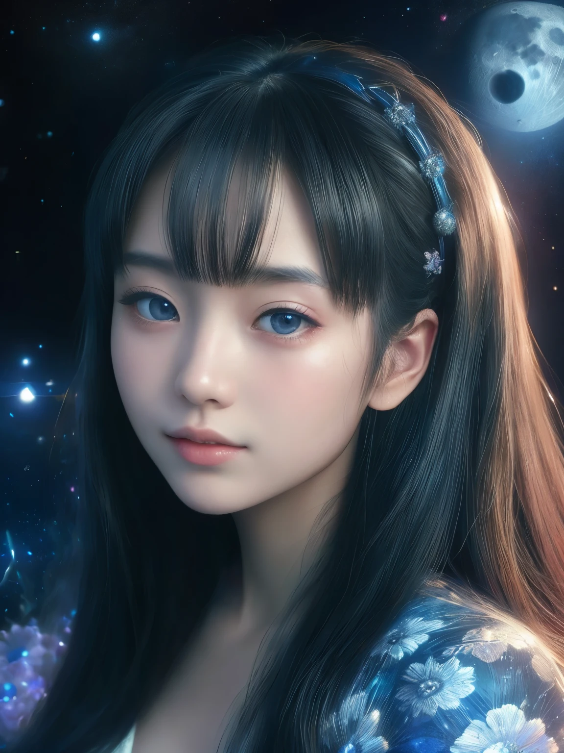 Hyper-realistic portrait of a Japanese girl in a lunar-themed scene, intricate and detailed composition, close-up, shallow depth of field, soft lighting, high resolution, accurate representation, unique, creative, well-lit, clear details, Canon EOS R5, 85mm lens, f/1.2, elegant, sophisticated, well-composed, unique pose, moonlight, night sky, celestial