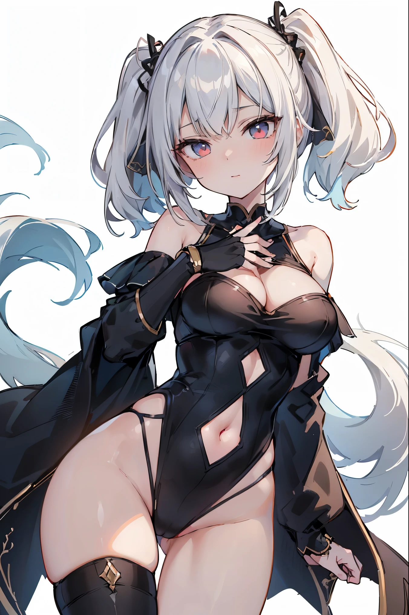 1girl, anime, cute girl, blank background, white background, fantasy, detailed fantasy dress with highlights, beautiful face, beautiful eyes, dark colors, black hair with multicolor streaks, red eye with different color pupil in eye, multicolor eye, medium small breasts (slightly big), slight cleavage, beautiful skin, cute, breast curtains, extremely delicate and beautiful, (beautiful detailed face:1.0), (detailed deep eyes), symmetrical breasts, deep eyes, shiny skin, portrait, slender waist, hips wider than shoulders, thighs, expressionless, young girl, luminous eyes, adorable，（Kpop idol）,（aegyo sal：1），（Platinum blonde hair：1），（（puffy eye）），Black panty，sexy posture，Superskirt, Ultra-high resolution，Black collar，slim figure, Abdominal y tattoo, womb tattoo，Tight-fitting leg ring，y tattoo on half-body，Bare skin, Armored hand，Hidden fingertips，Hand covered，Arm covered，Fist covered,{{beautiful detailed fingers}}, tufts of hair, moderate beautiful breast:1.0,(masterpiece:1.2), best quality, high-res, HDR, perfect face, intricate armor, delicate blue filigree, intricate filigree, red metalic parts, detailed part, dynamic pose, dynamic lights, cute face, neutral expression