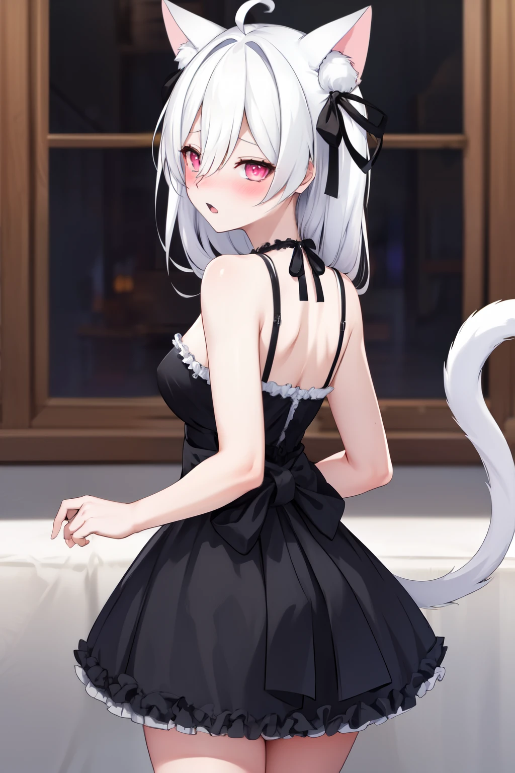 (masterpiece, best quality), PookyBooVT, pink eyes, white hair, long hair, hair between eyes, ahoge, cat ears, ornament hair, black dress, bare shoulders, (sleeveless:1.2), skirt, black ribbon, (black ribbon on waist:1.2), standing, from behind, :o, looking at viewer, naughty face, nose blush, indoors