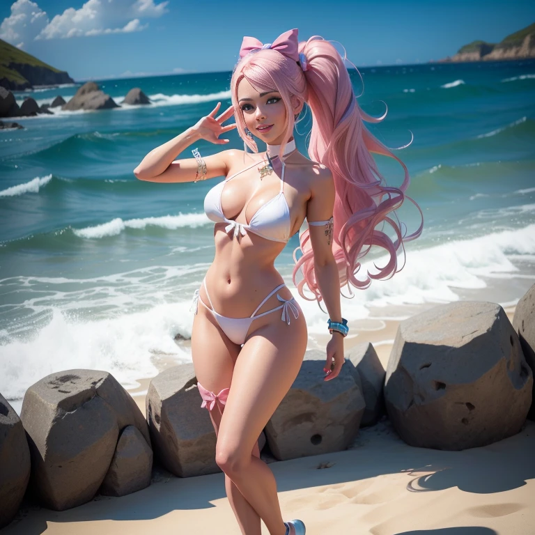 One Barbie, ((Full body)),8th class, Blue eyes, Smiling face, Hair loss swaying in the wind, Hip Hop Singer Pose, Dressed in hip-hop style,White Bikini,swarovski,pasties,With a pink bow on the arm, Fashion, Extremely high quality, high details, 8K, clean back ground, in studio, ((Full body shot)),Align your fingers neatly,Accurate Hand Modeling,wave her hand,west coast beach