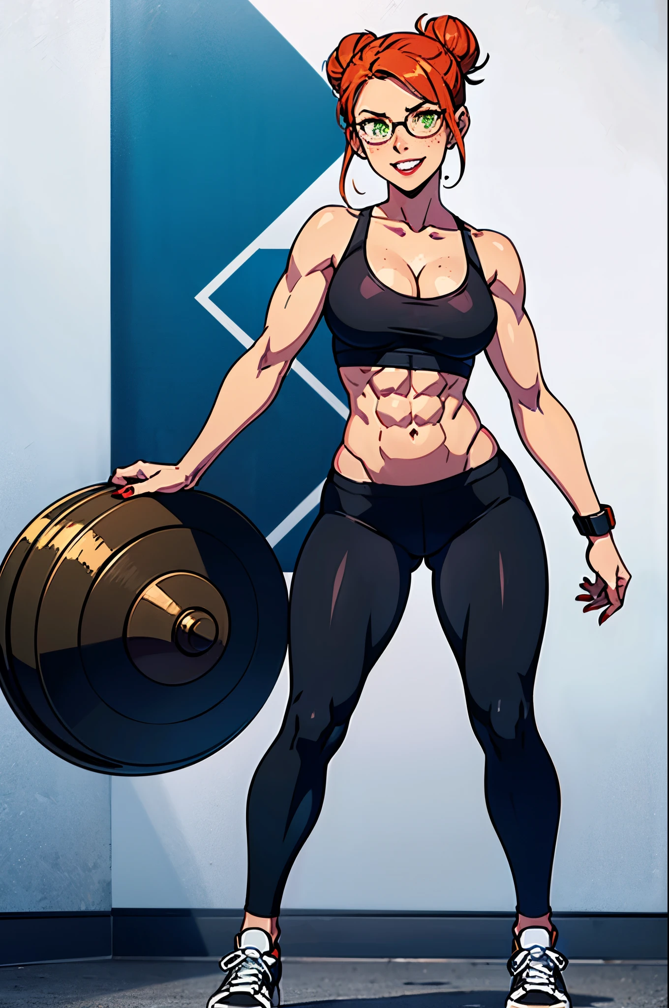 One young sexy woman, white tanned skin, very tall, looking at the camera, full body image, muscular, fit, athletic, jacked, defined, standing body posture, broad bare shoulders, broad bare arms, medium large breasts, cleavage, defined six-pack abs, narrow waist, wide hips, covered legs, wide legs, strong ginger orange hair, medium long hair, messy hair bun, half hair down, horny, made-up face, a lot of freckles, strong green eyes, black large glasses, strong red lips, teeth smiling, red nails, sleeveless black sports top, black elastic tight leggings, bare ankles, white sneakers