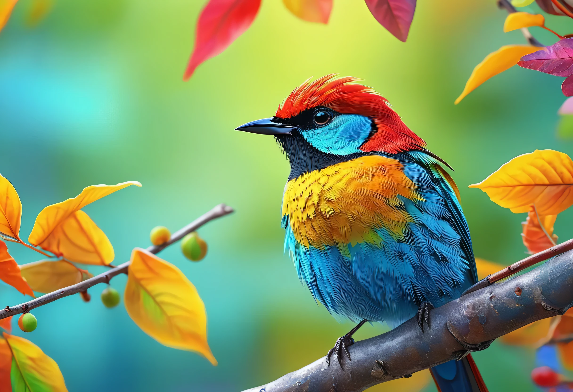 Brightly colored bird perched on a branch with leaves in the background, colorful hd images, Colorful 8 k, beautiful and colorful, Long colorful bird, Highly detailed digital art in 4K, Beautiful art UHD 4K, Colorful 4K, beautiful colorful, painted in bright light blue, vivid realistic colors, Detail and vibrant colors, Multicolored birds, Beautiful bright colors