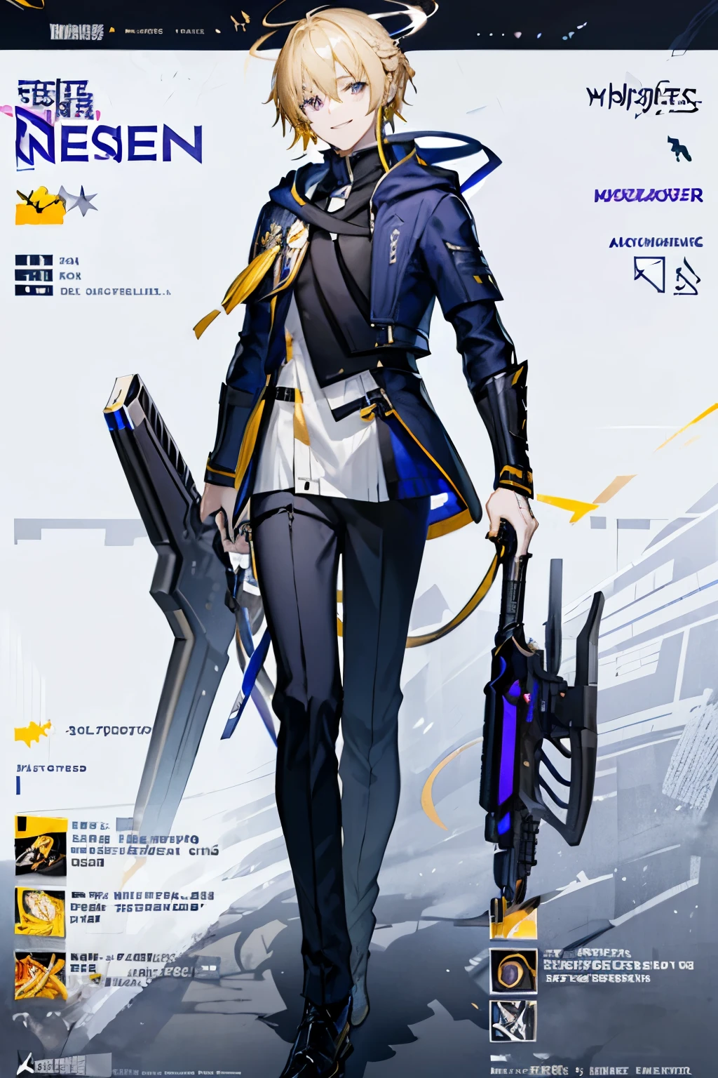 Masterpiece, solo, handsome, 1 male, dark blue hooded yellow tip, white shirt, black tie, blonde hair, purple eyes, smile facial, halo, arknights, gun